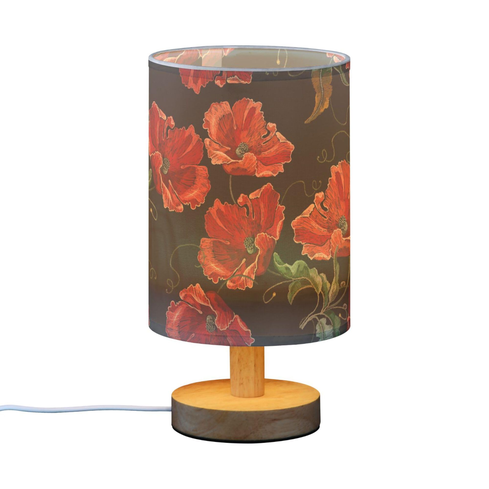 Lámpara de mesa con estampado de flores de amapola roja, con patrón floral, lámpara de mesita de noche con base de madera, pantalla de tela, lámpara de escritorio para sala de estar, dormitorio