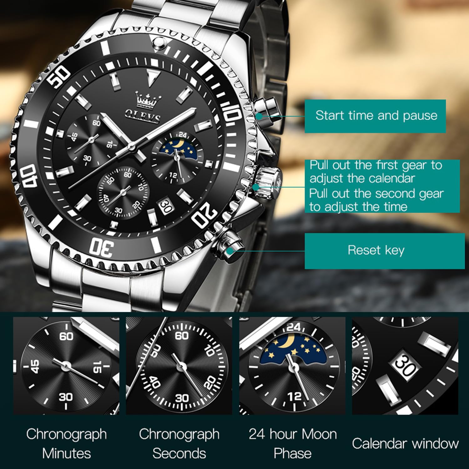 OLEVS Relojes de Esfera Verde para Hombre, analógico, de Cuarzo, Impermeable, cronógrafo, Dorado, Plateado, Acero Inoxidable, de Negocios, clásico, de Lujo, Cara Grande, Luminoso, multifunción