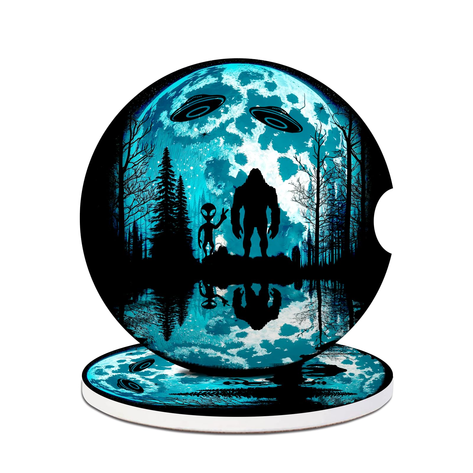 Car Cup Holder Coasters - Bigfoot Alien Green Moon Absorbent Ceramic Coaster 2 Pack, Anti Slip Car Coasters for Cup Holders, Fashion Car Interior Accessories Drink Coaster for Women & Men
