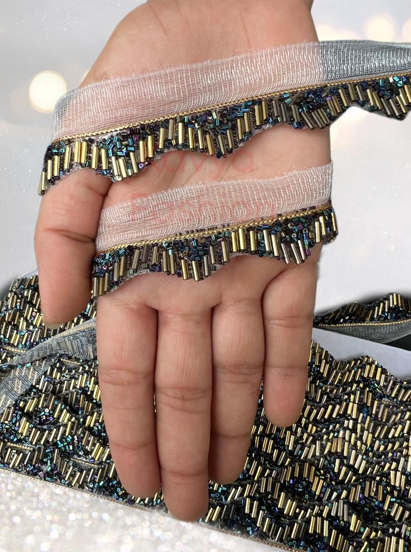 Black Pipe with Multicolour Moti Hanging Lace for Saree Border Finetage for Dresses, Lehenga, Suits, Blouses, Dupatta, Chunri and Craft (9 Meters; 354 inch) (Black Design.1)