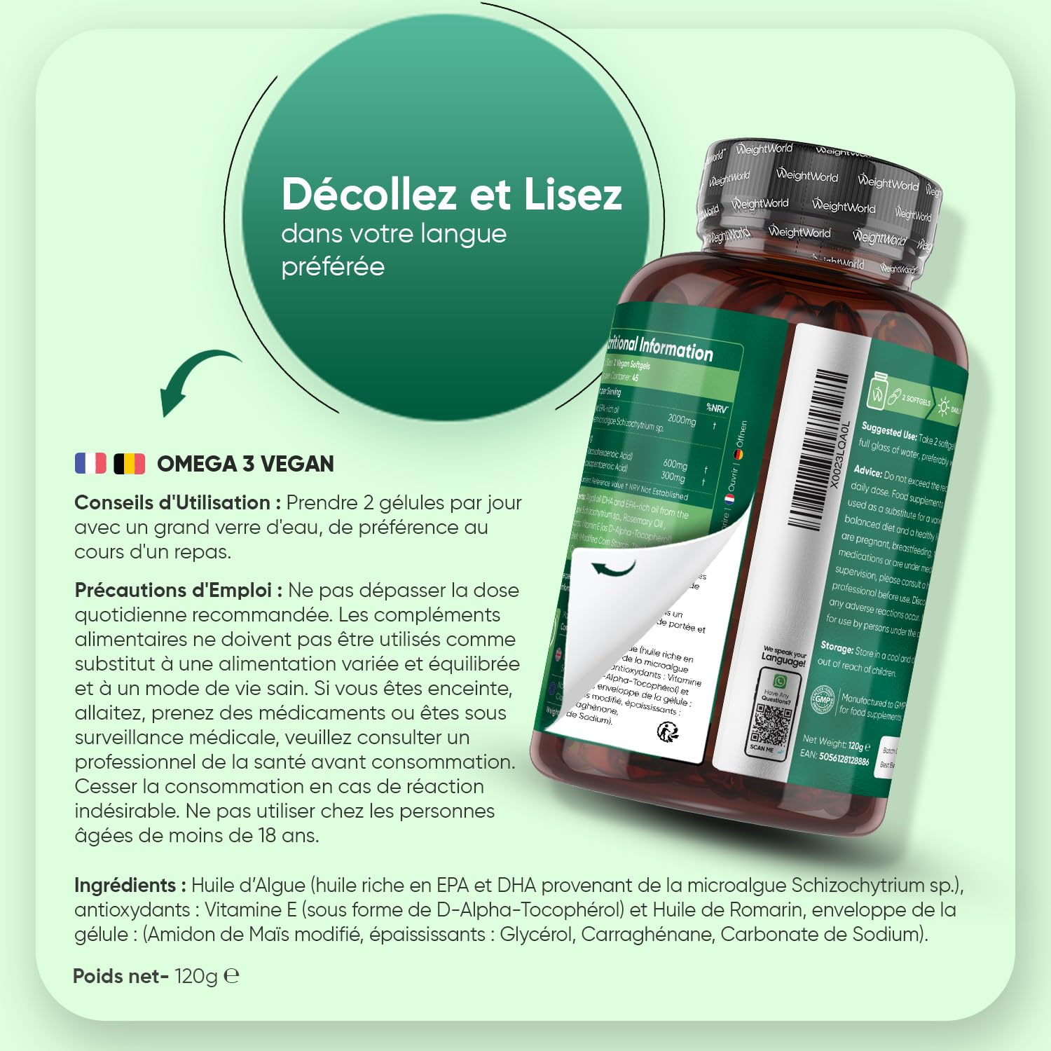 Omega 3 Vegan - Huile d'Algues en Gelules 2000mg Omega 3 DHA EPA - 90 Gélules Molles Vegan sans Huile de Poisson (Fish Oil) ni Huile de Krill