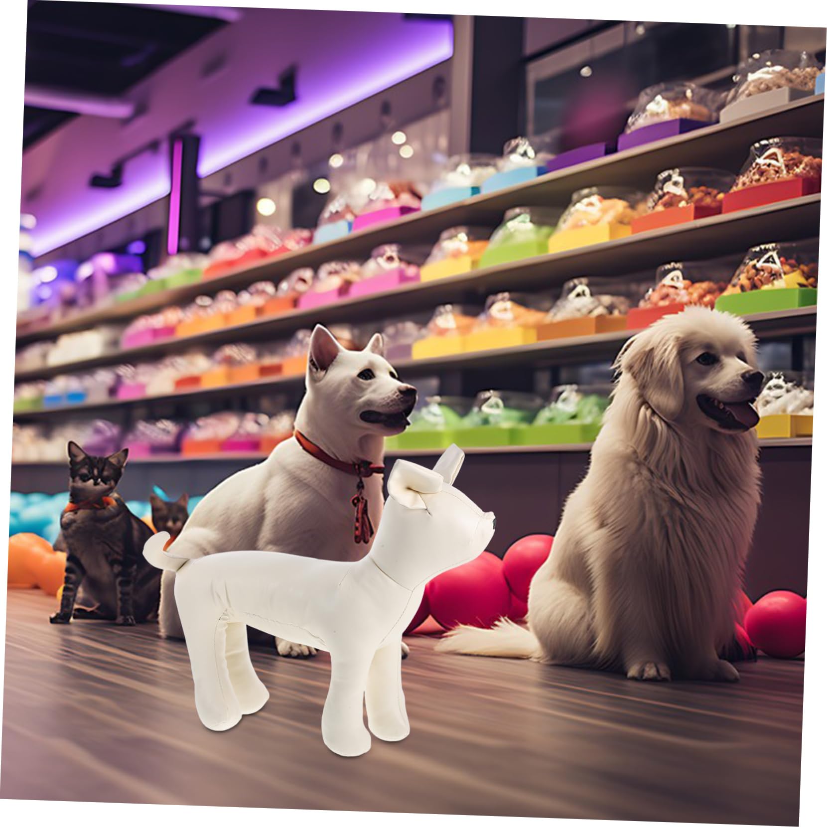 MAGICLULU Sitzende Hunde in Größe S Schaufensterpuppe aus Weißem Leder zur Präsentation von Hundebekleidung und Hundezubehör im Tiergeschäft