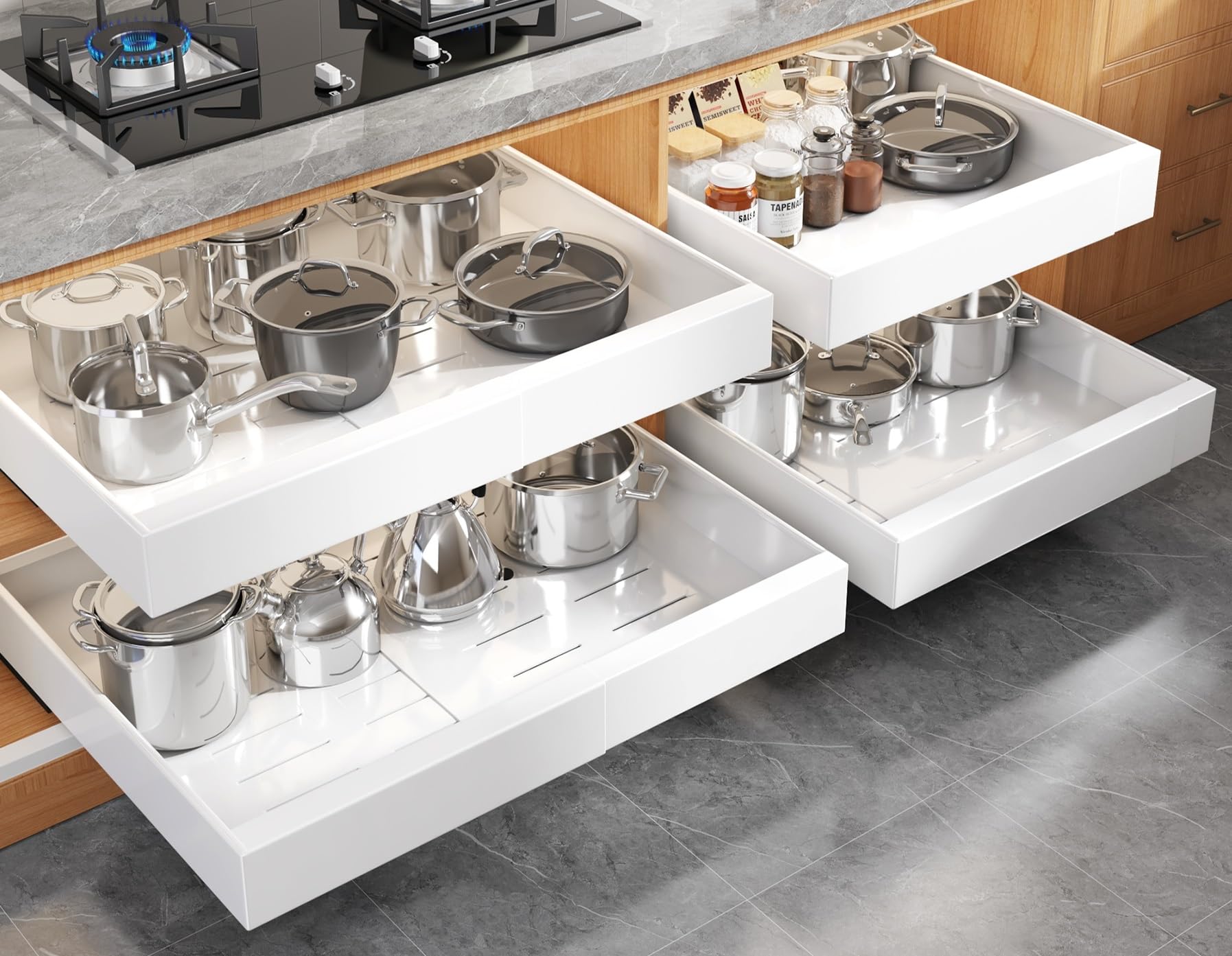 Seinloes 4 Pack Expandable Pull Out Cabinet Organizer 21"Deep With Raising Pad for Framed Cabinets,Upgrade 3 Slide Rails Slide Out Drawers,No Drill