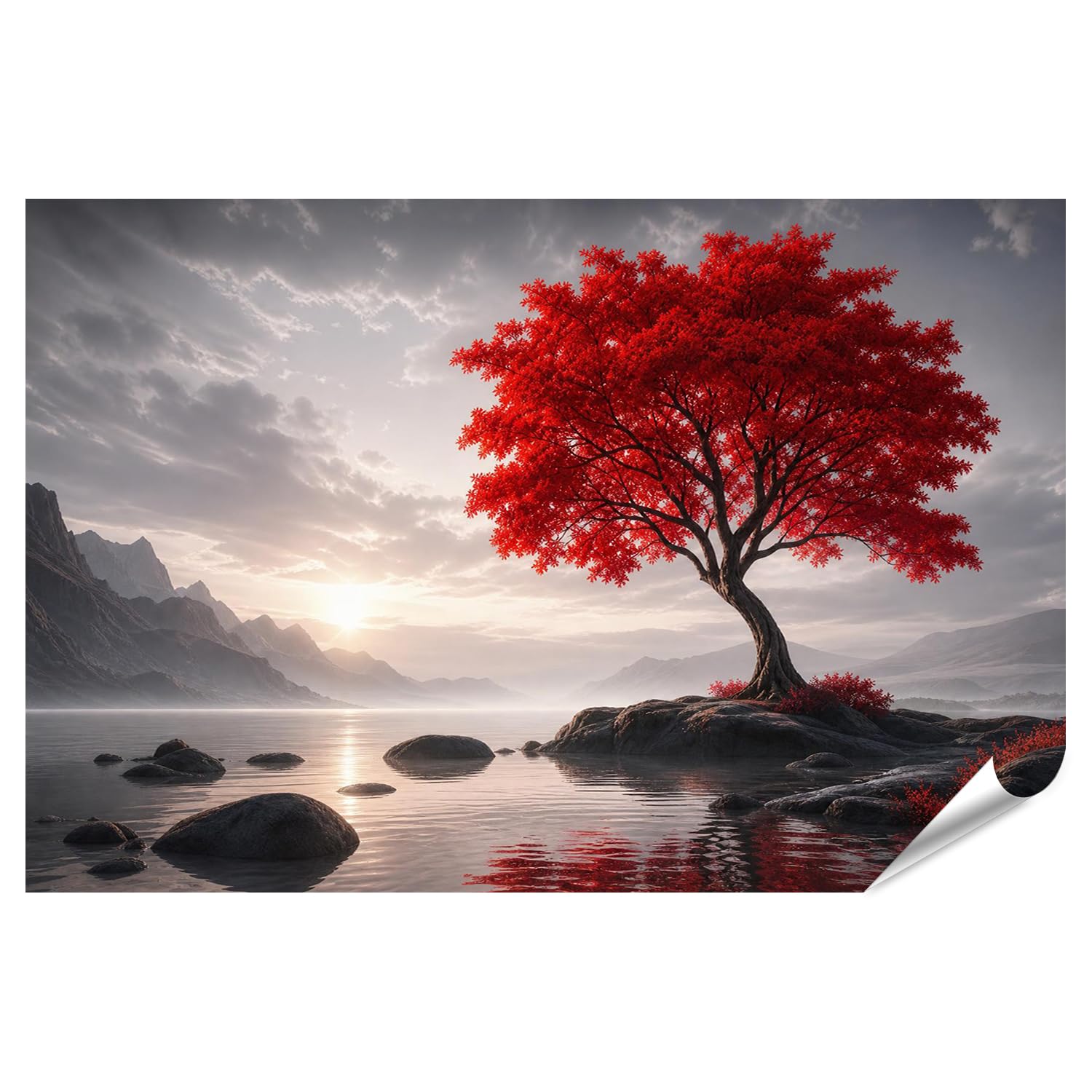 islandburner Póster de alta calidad con majestuoso árbol rojo en el lago, mural para salón para amantes de la naturaleza, formato grande