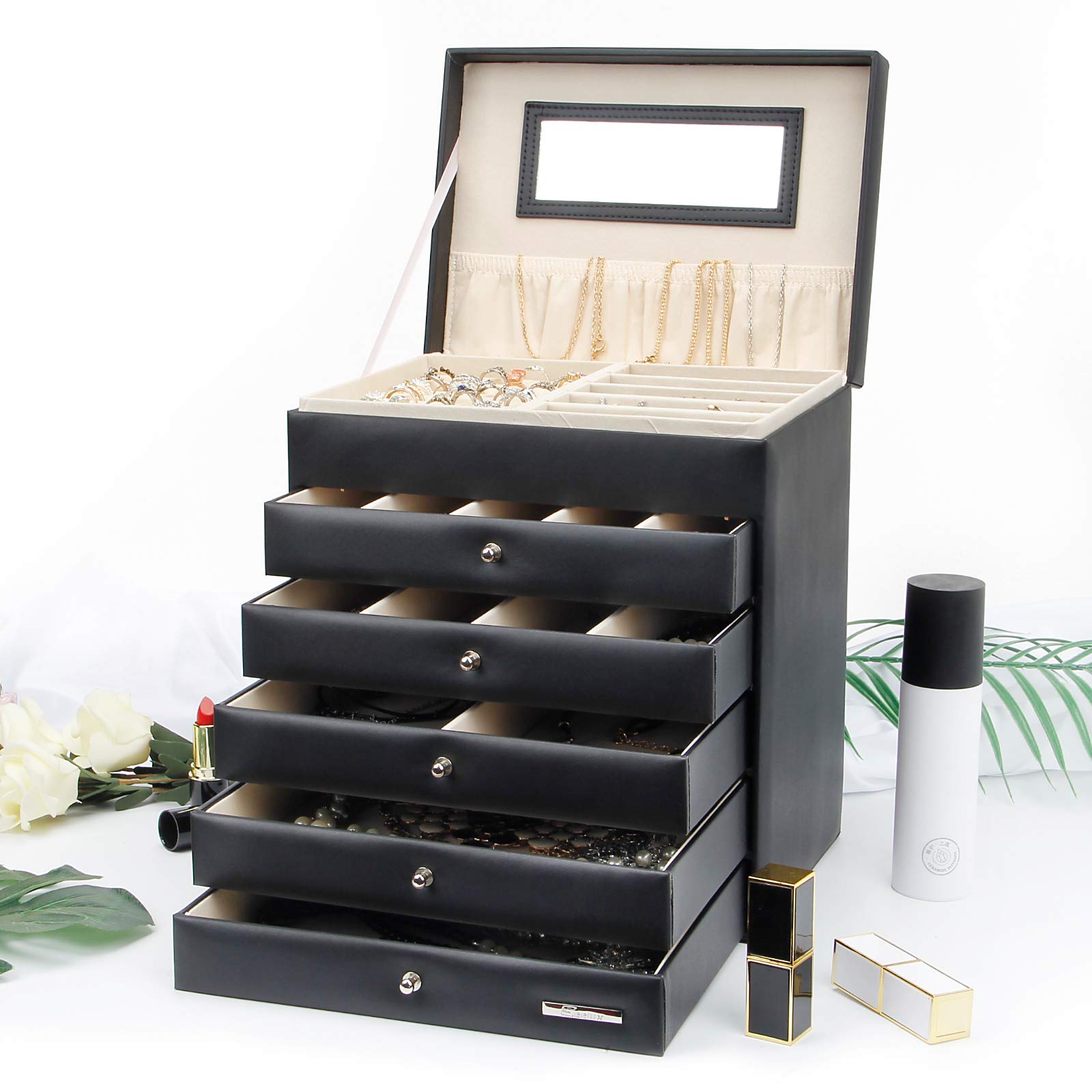 Yorbay Portagioie Scatole per gioielli Custodia con specchio Cofanetto orologi braccialletti anelli (5 cassetti, Nero) Riutilizzabile