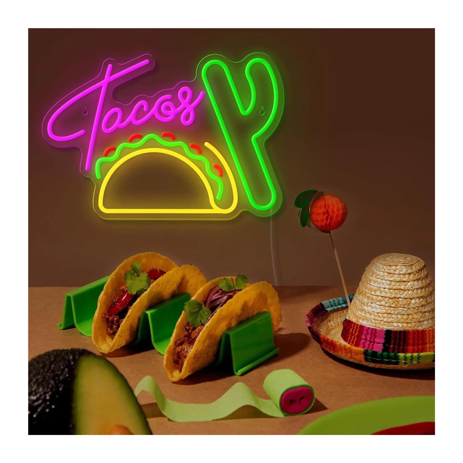 Luces de neón Letrero De Neón Tacos Con Luz Alimentada Por USB Para Tacos, Tortillas, Comida Mexicana, Restaurante, Pub, Negocio, Decoración De Pared, 27.5х40cm