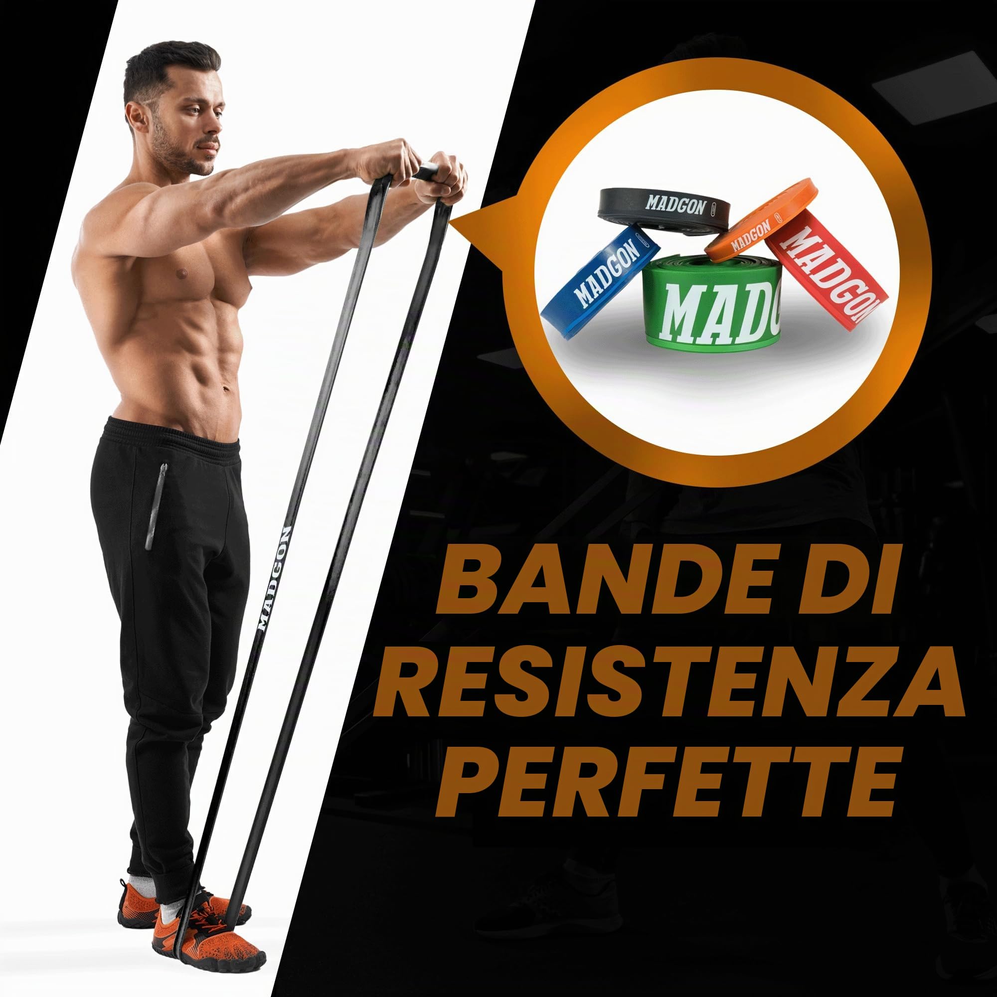 MADGON Bande Elastiche di Resistenza (Come Fascia Singola in 5 Punti di Forza o in Set) – Resistance Band Antistrappo con Borsa e Guida PDF - Elastici Fitness