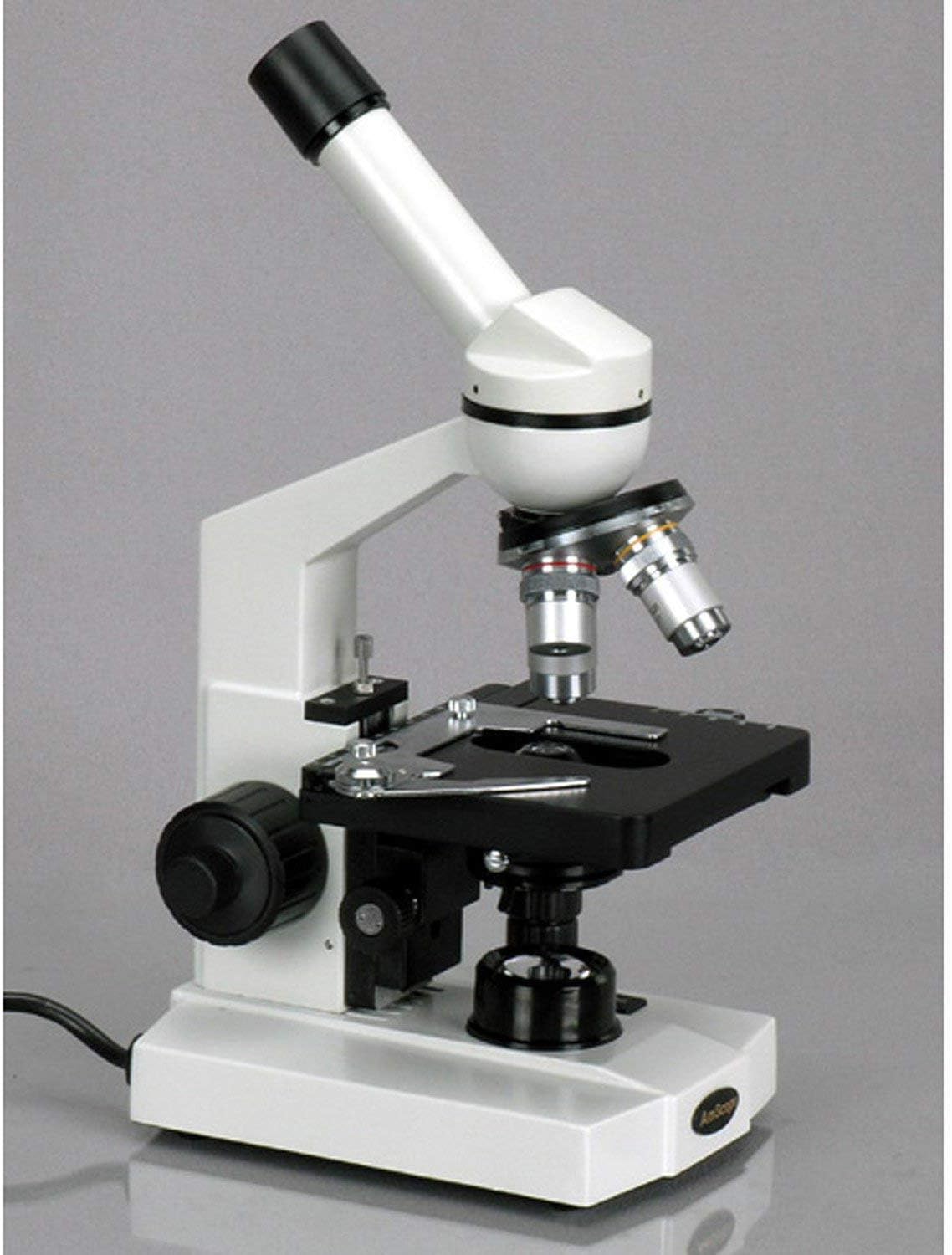 AmScope M600A Compound Monocular Microscope, WF10x and WF16x Eyepieces, 40x-1600x Magnification, Brightfield, Tungsten Illumination, Abbe Condenser, Mechanical Stage, 110V