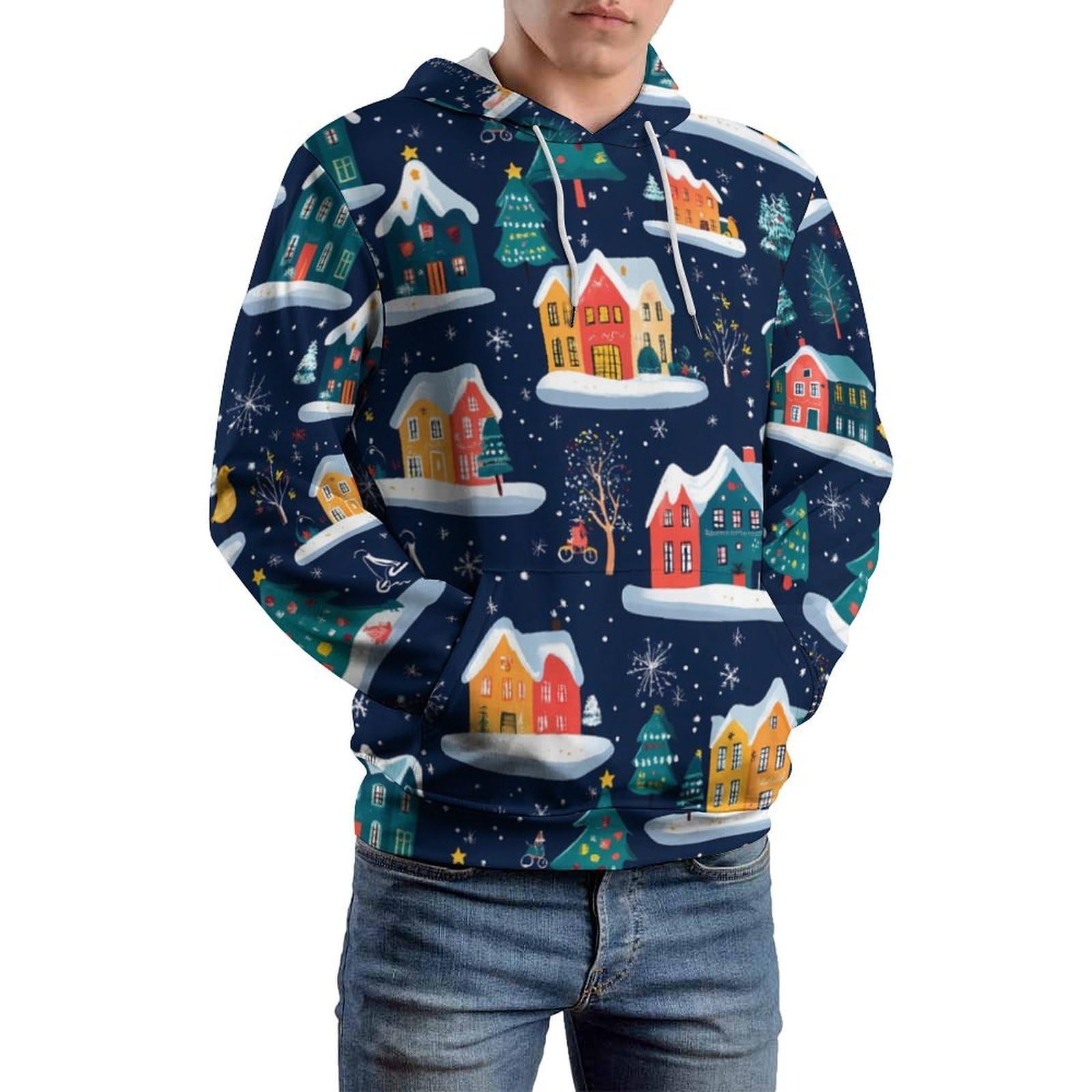 Felpa con cappuccio alla moda con case colorate di Natale per uomo donna manica lunga grafica colorata morbida pullover top