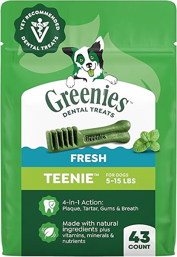 GREENIES TEENIE Natural Dog Dental Care Chews Oral Health Dog Treats Fresh Flavor, 12 oz. Pack (43 Treats)