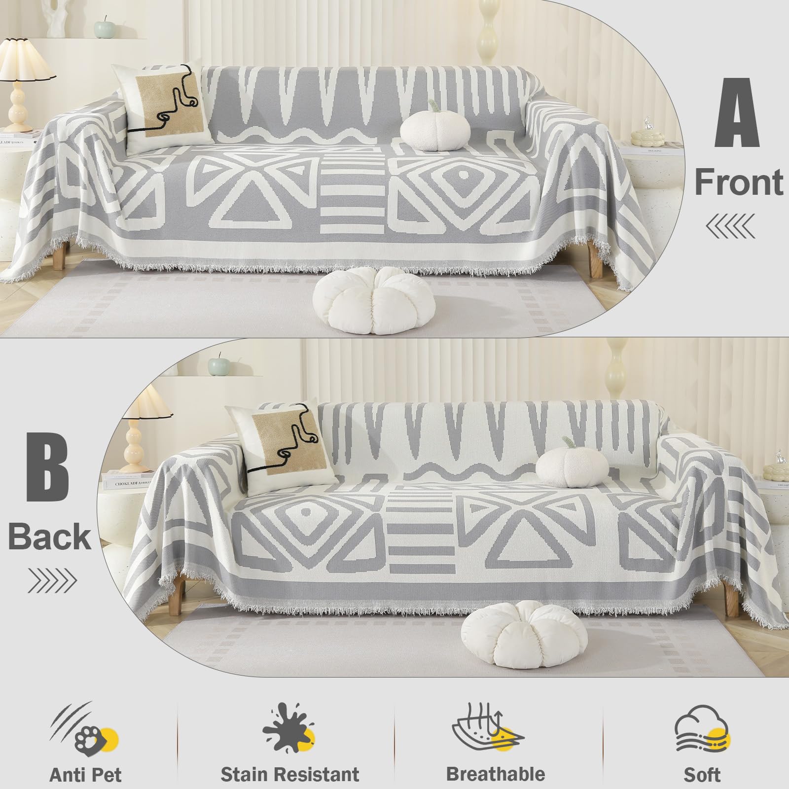 Royhom Boho Sofa Cover 3 Seater, Corner Sofa Covers L Shape, Washable Couch Cover with Tassel - Image 2