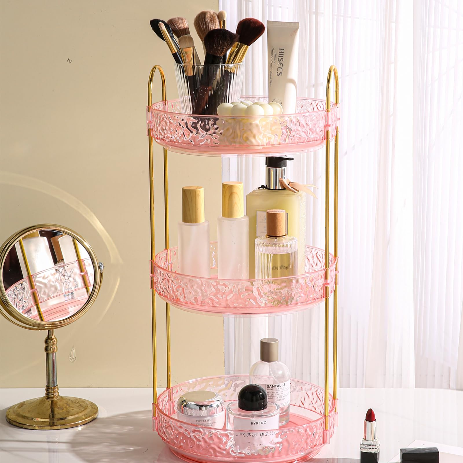 Fangoo 3 Capas Organizador de Maquillaje Giratorio 360 Grados Gran Capacidad Cosmética para Dormitorios Organizador Perfumes y Cremas Pintalabios Brochas Baño Tocador (Rosa)