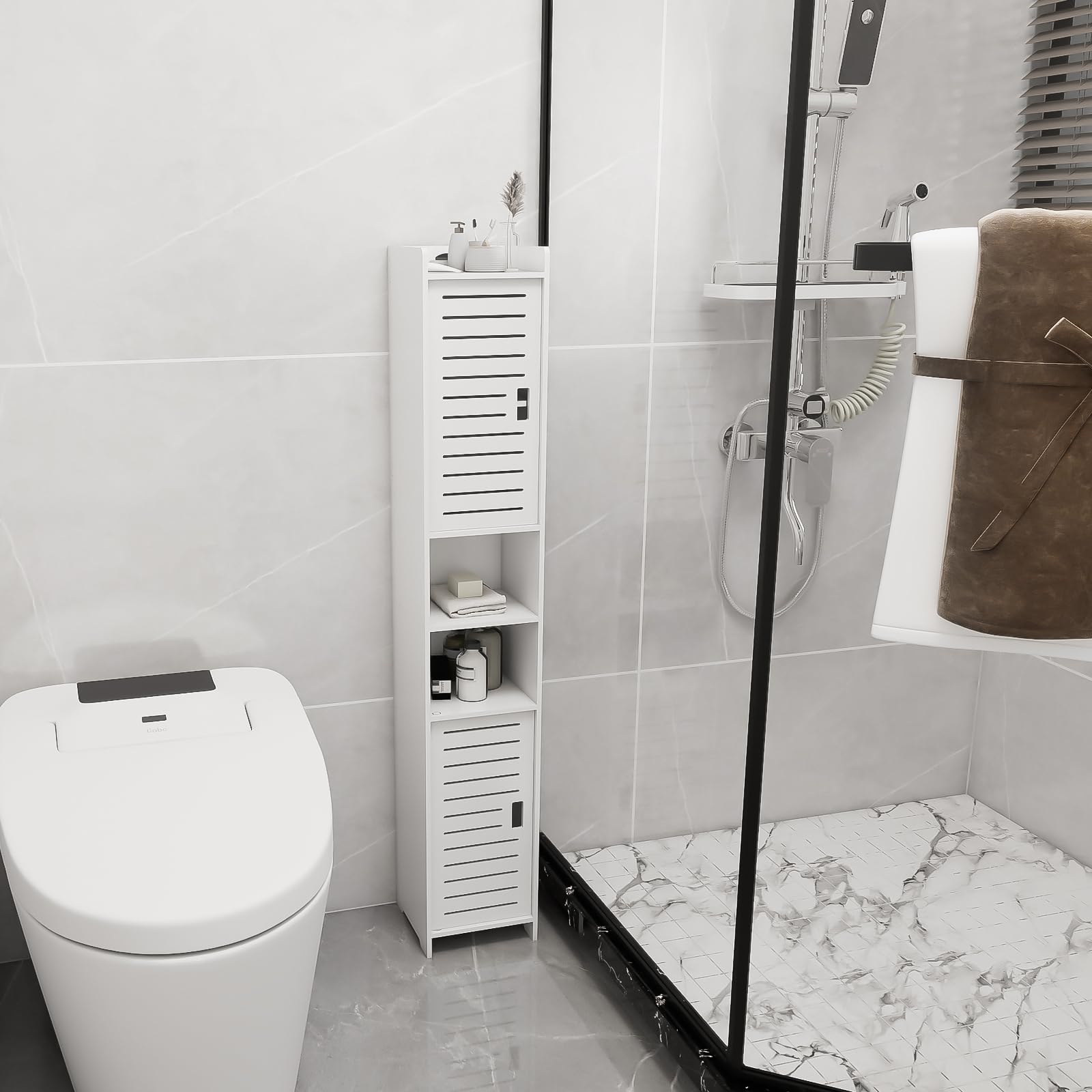 homewell - Armadietto per bagno impermeabile, scaffale da terra per bagno, armadietti alti per bagno, a libera installazione adatto per soggiorno, cucina e bagno, bianco (26 * 22 * 118 cm)