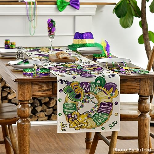 Miniatura 2 de Artoid Mode Máscara de cuentas de lirios, sombrero de rosquilla, camino de mesa de Mardi Gras, decoración de mesa de comedor para decoración de
