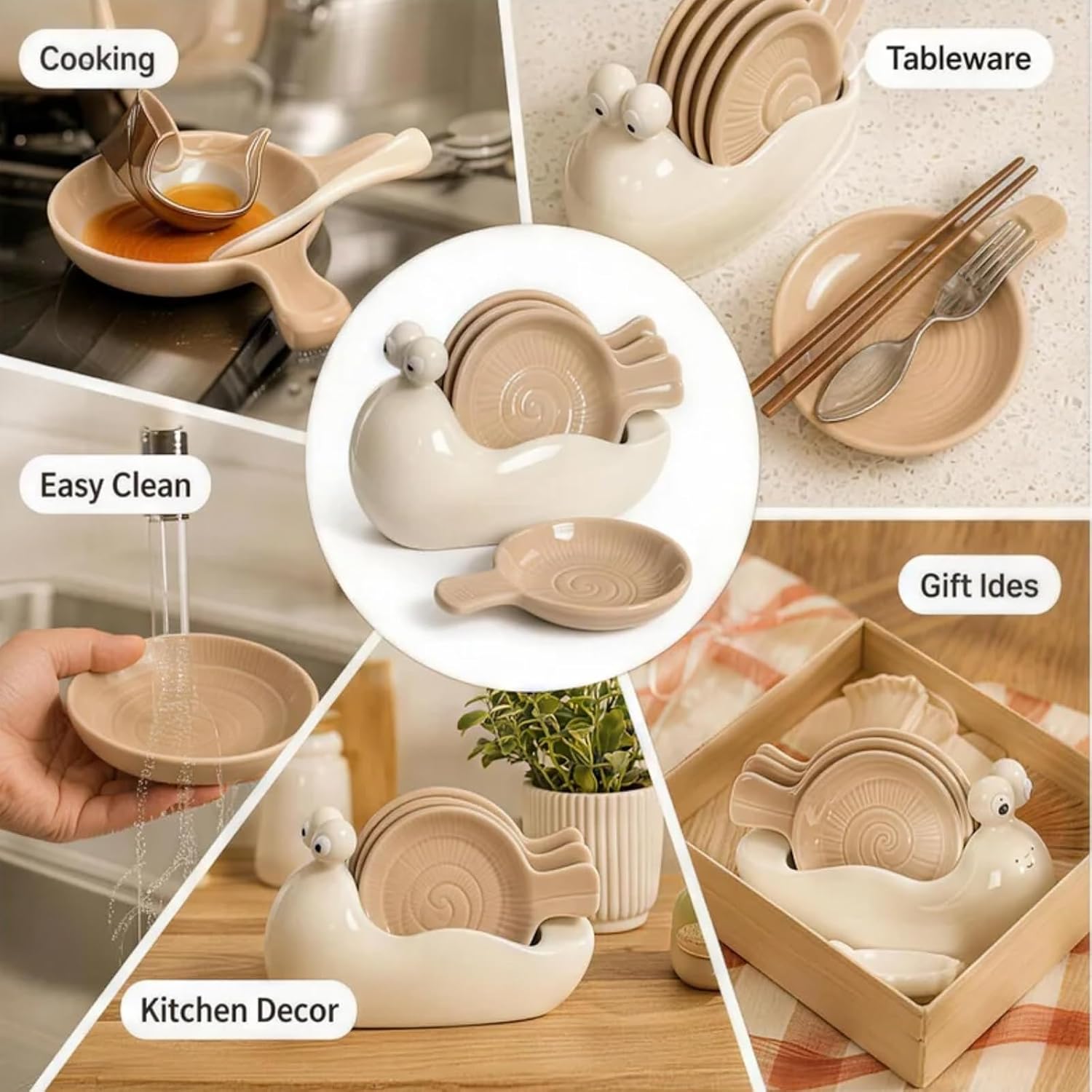Cute Snail Shaped Ceramic Spoon Rest, 4 Pcs Practical Kitchen Utensil Holder for Stove Top and Countertop Use