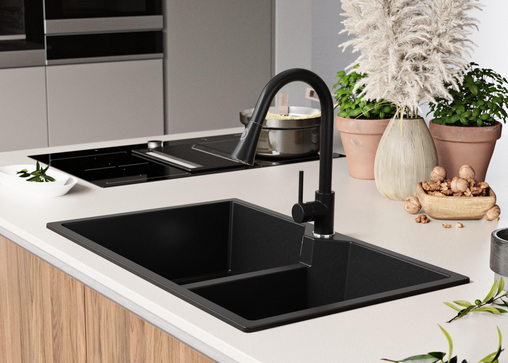 PRIMAGRAN Fregadero Cocina Negro 78x50cm, Granito 2 Senos + Sifón, Sobre Encimera al Mueble 80cm - Madrid Twin S001