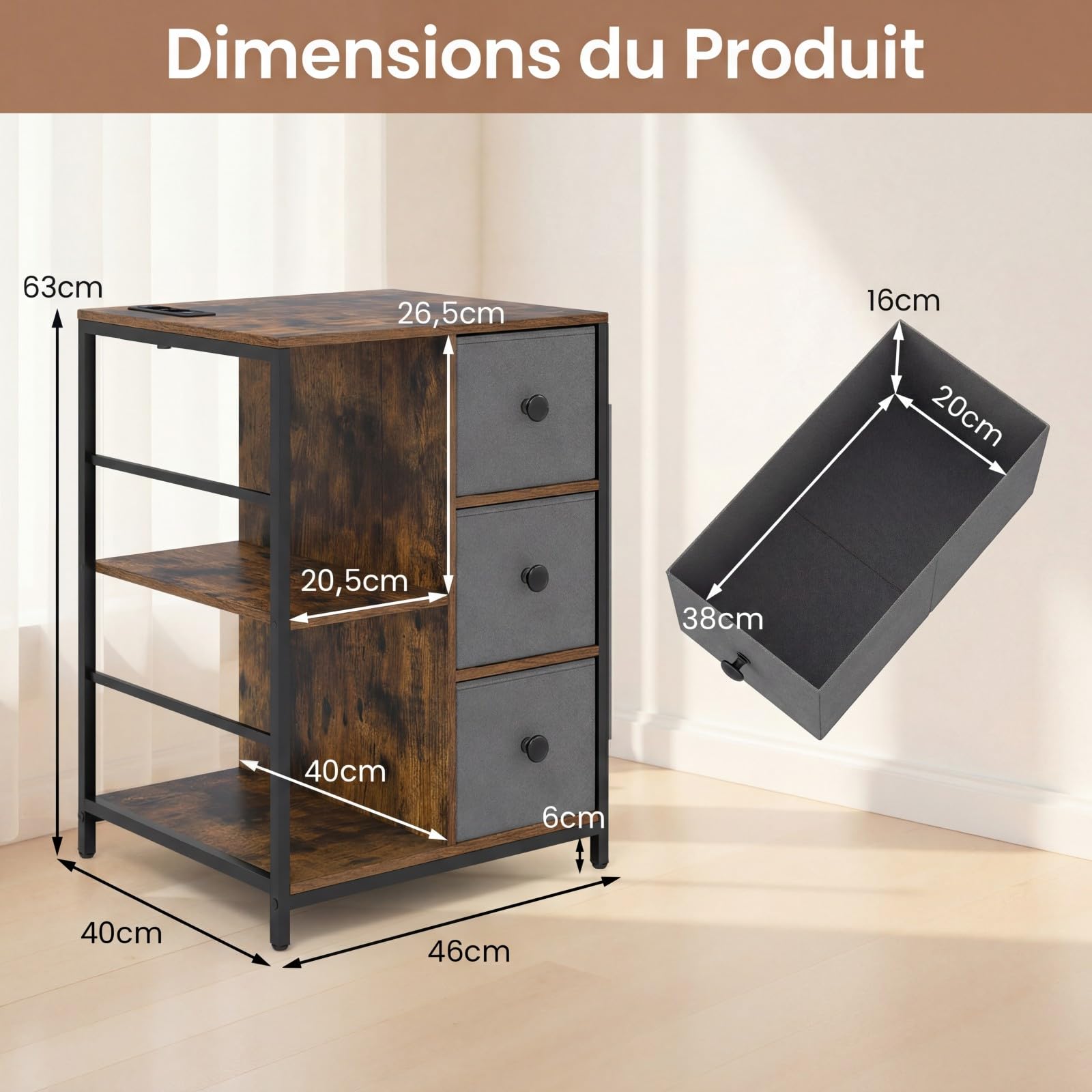 COSTWAY Armoire de Rangement avec Station de Charge, Commode pour Chambre à 3 Niveaux avec Étagère, Tiroirs en Tissu et Poches Latérales, Style Industriel, pour Chambre, Salon, Marron Rustique