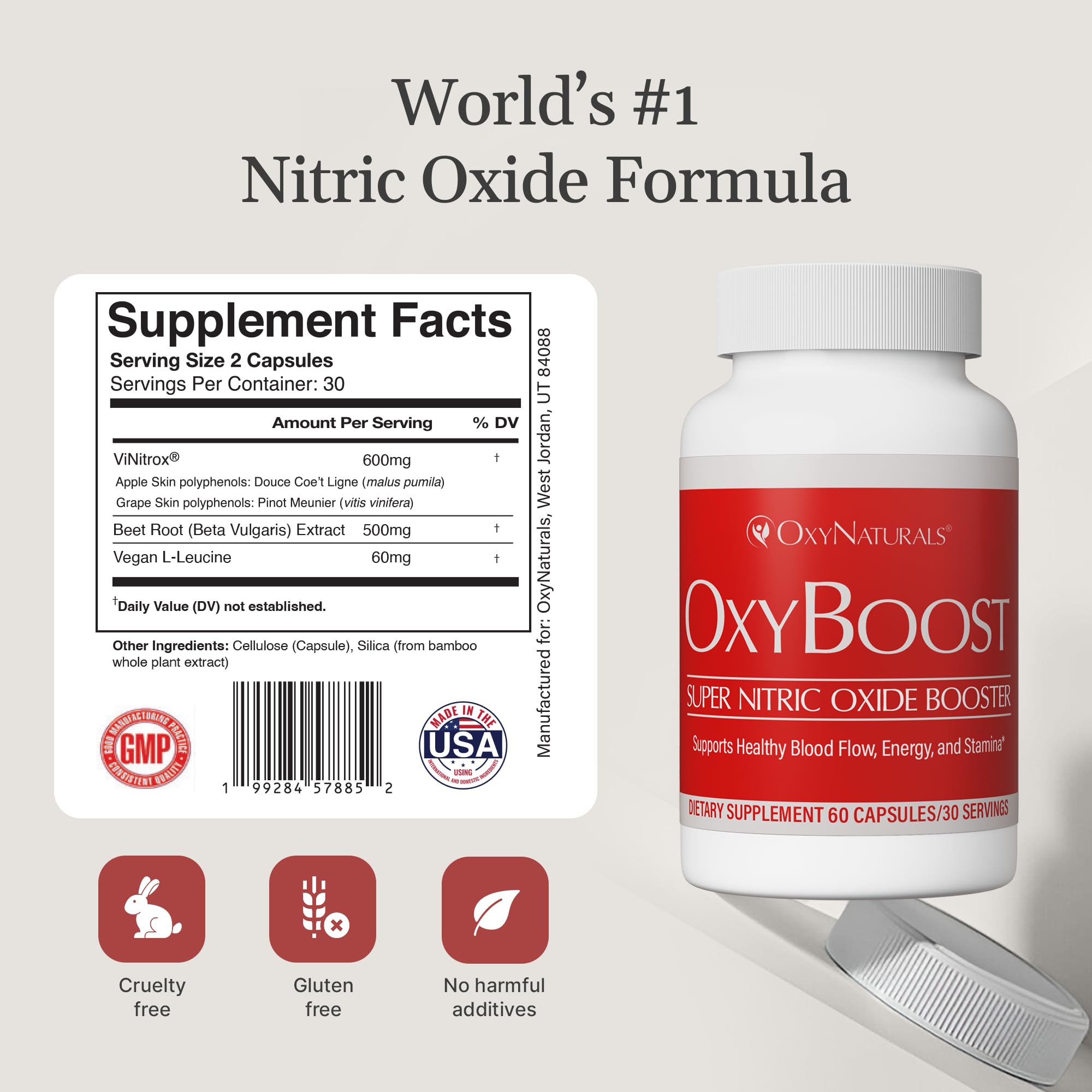 **OxyBoost Nitric Oxide Booster Capsules for Men and Women | L-Citrulline, Beetroot Powder and ViNitrox for Circulation Support and Energy | 60 Capsules | Made in USA** — Amazon image 3