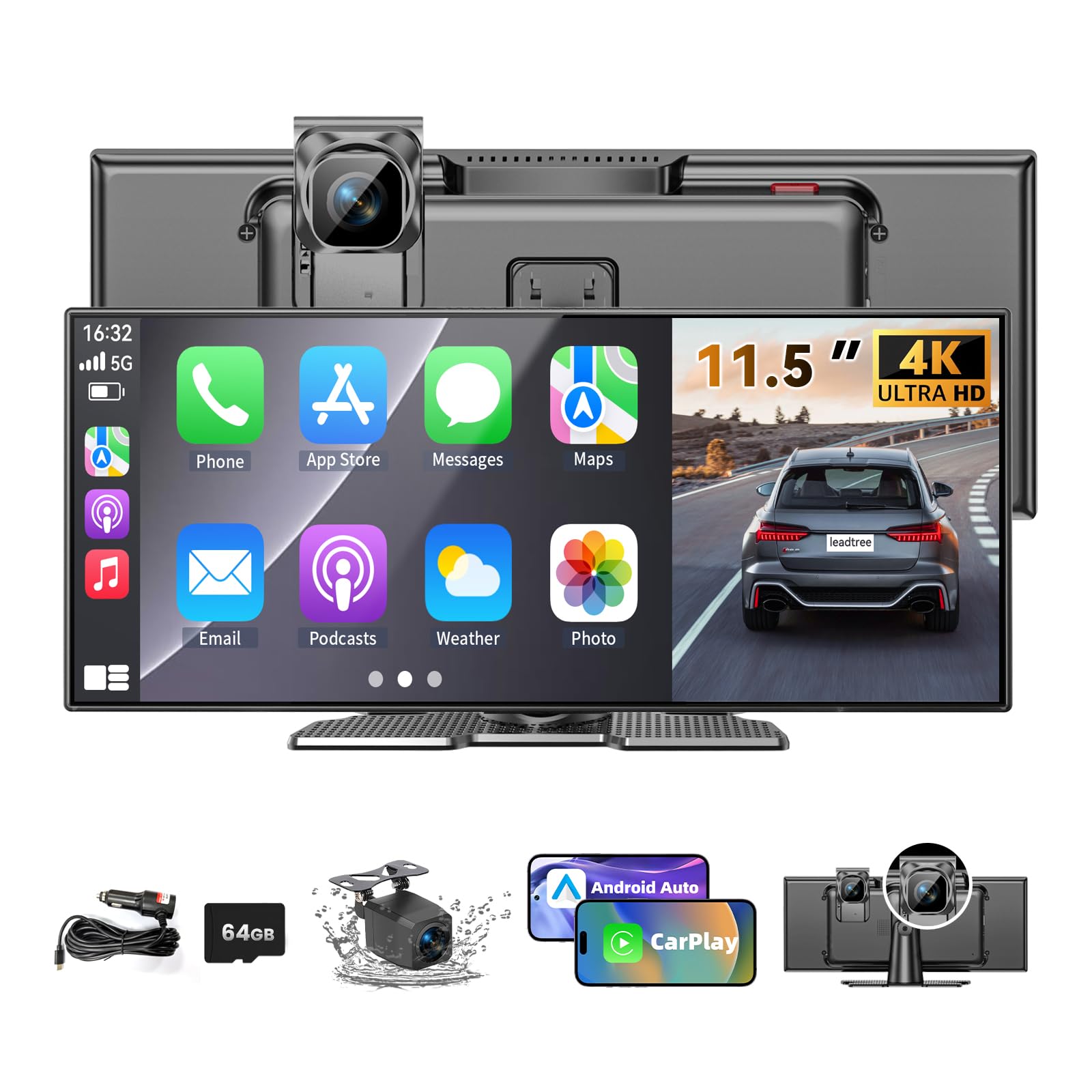 Largest 11.5 inch Wireless CarPlay Screen for Car, A-pple CarPlay & Android Auto HD Touchscreen with 4K Dash Cam/1080P Backup Camera/Navigation/Bluetooth/Voice Control/FM/Mirror Link,for All Vehicles