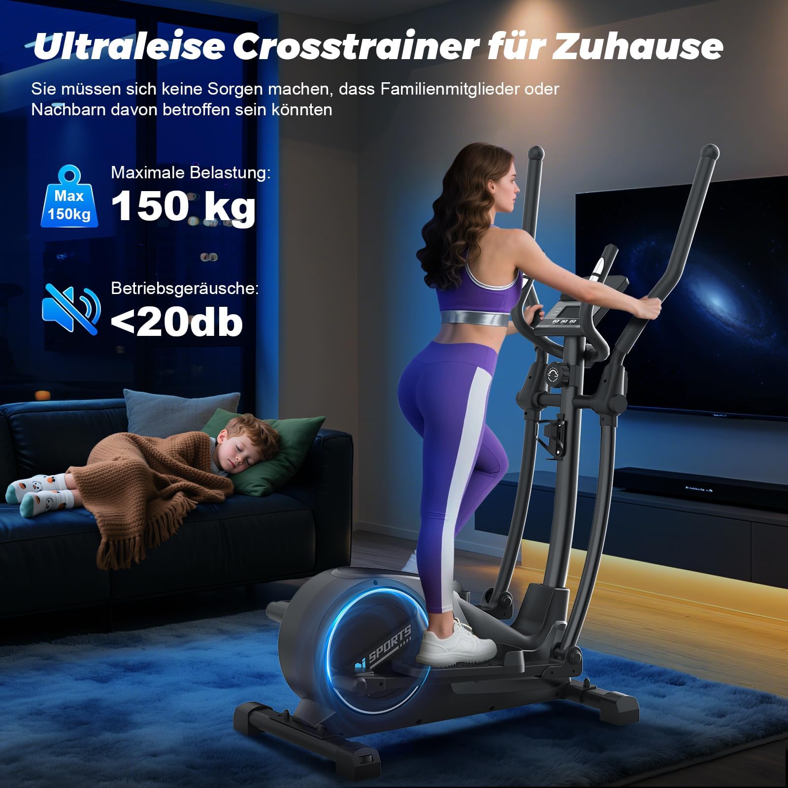 Crosstrainer, 3-in-1 Ultraleiser Crosstrainers mit 16 Widerstandsstufen, 8 kg Schwungrad, 16,5 Zoll Schrittlänge, LCD-Display, Belastbar Bis 150 kg, Ellipsentrainer für Zuhause