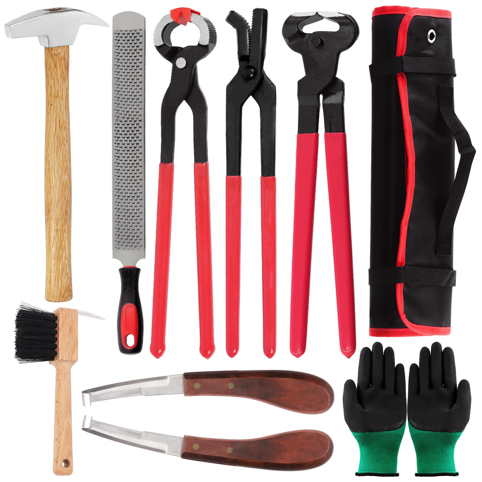 Keadic 10Pcs Farrier Hoof Tool Kit with Roll Pack Includes Horse Shoe Cutting Pliers, 4 in 1 File Rasp, Horseshoe Brush, Horse Hoof Trimmer, Hoof Hammer and Gloves for Cattle Sheep Horses Donkeys