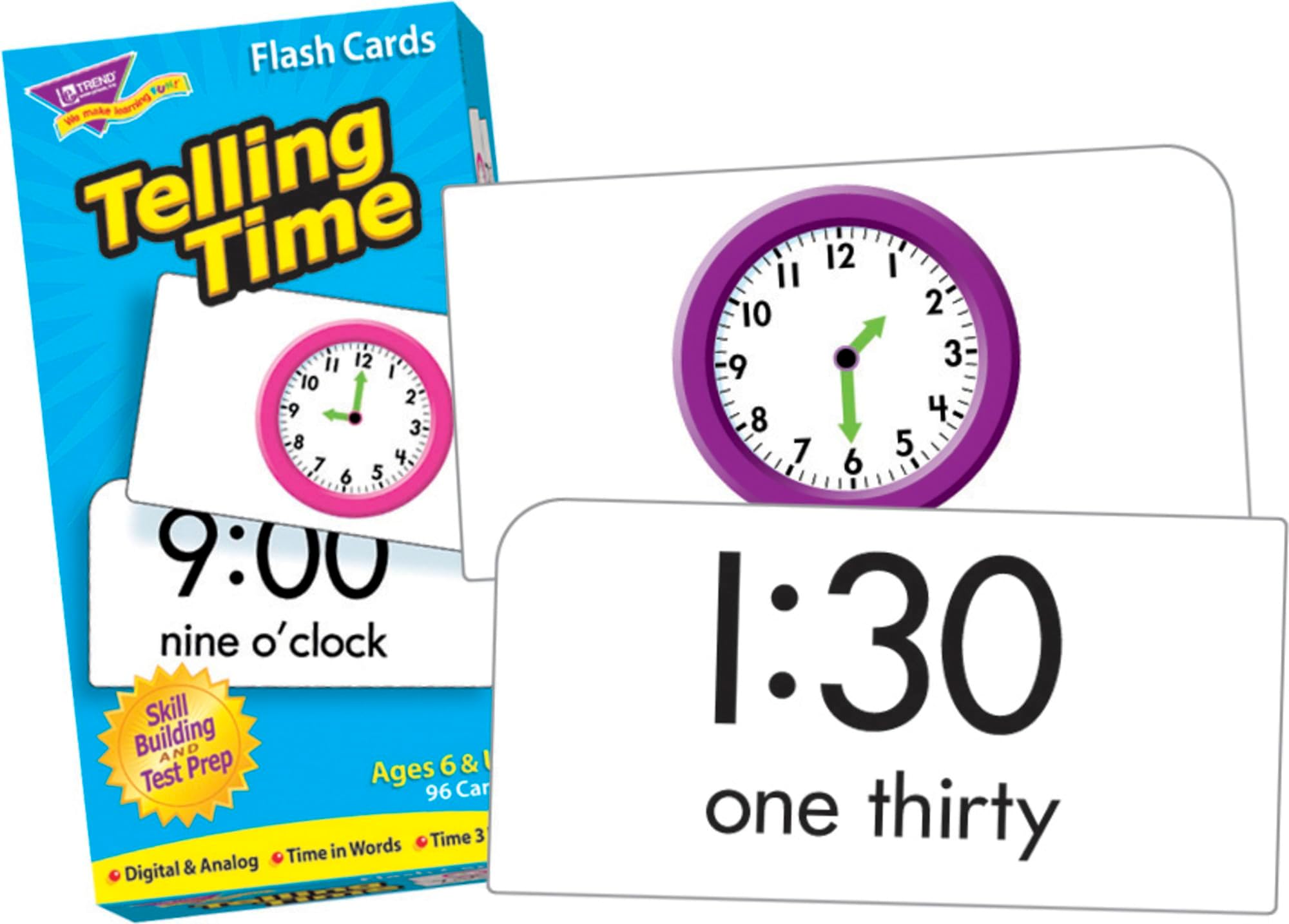 Telling Time Skill Drill Flash Cards, Exciting Way for Everyone to Learn, Time in Words, Numerals & Analog, Great for Skill Building and Test Prep, 96 Cards Included, Ages 6 and Up