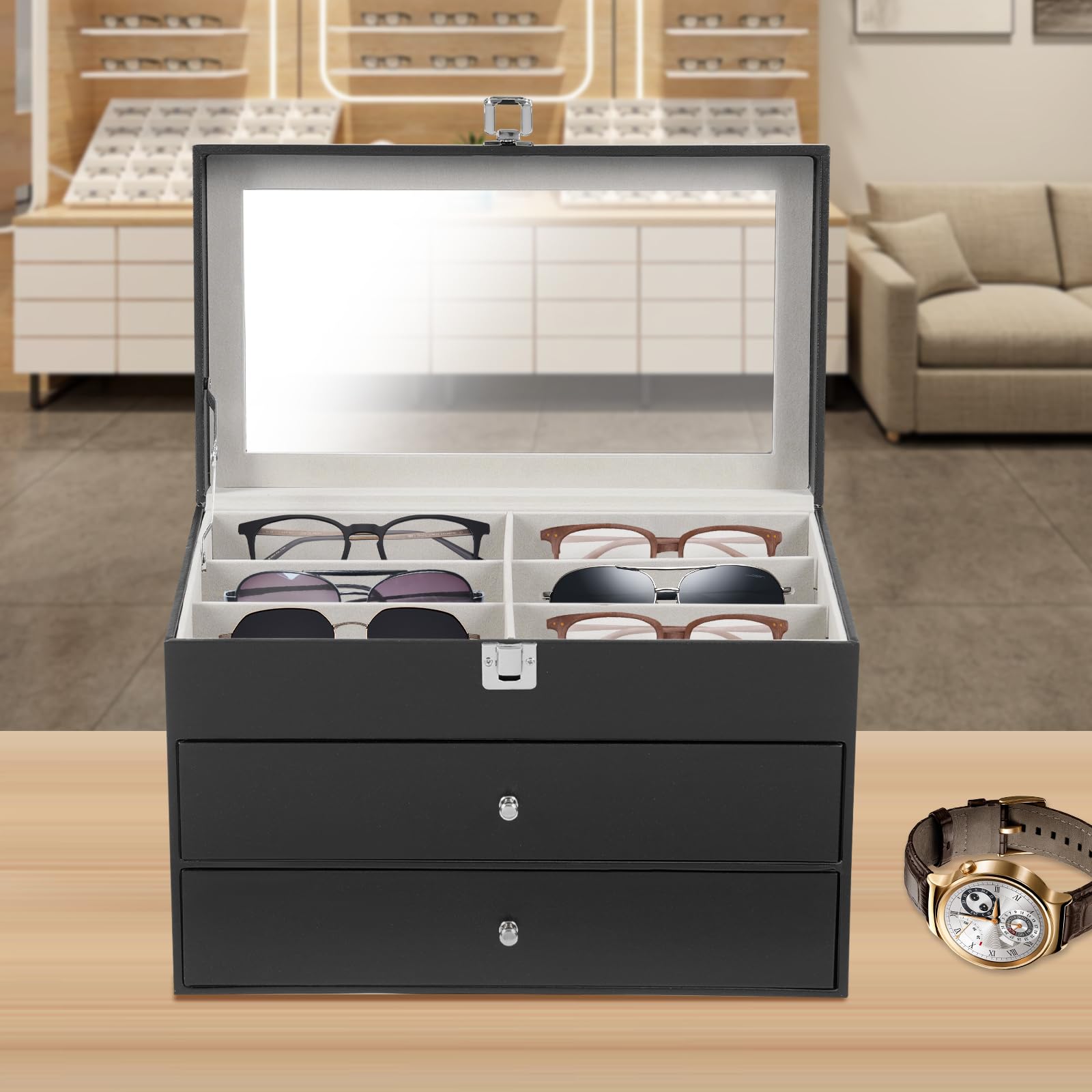 Caja para relojes de 3 niveles con 24 ranuras – Joyero, estuche para gafas y estuche de almacenamiento para relojes, gafas, joyas, anillos y más