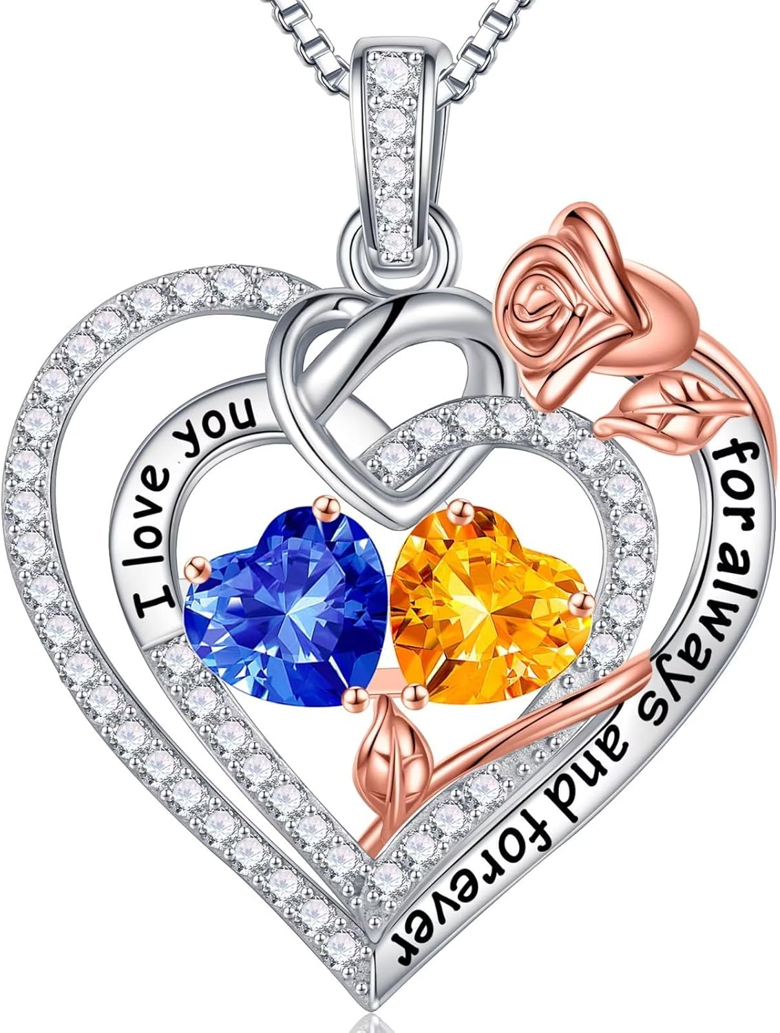 Iefil Rose Heart Necklace Gifts for Wife Women - 925 Sterling Silver Double Birthstone Necklace, Anniversary Birthday Gifts for Women, Jewelry Gift for Wife Girlfriend Mom Her
