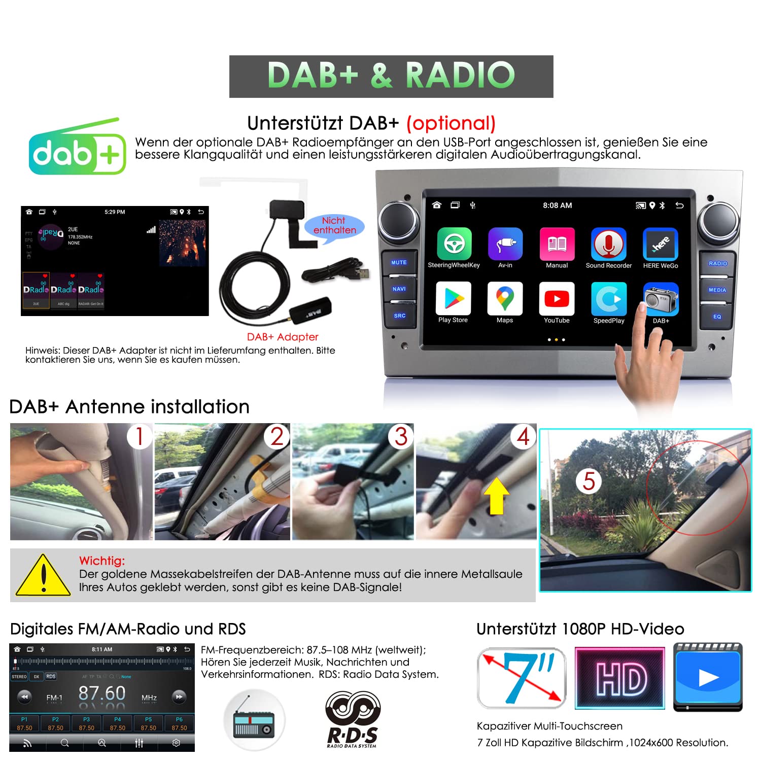 Android Autoradio DAB,Carplay, 7 Zoll Eadio Bluetooth Für Opel Astra,Corsa, Vectra,Zafira,Antara,Meriva,Vivaro,Combo,FM Radio,GPS,USB, Rückfahrkamera,WiFi,Lenkradsteuerung,7 Farbe Beleuchtung