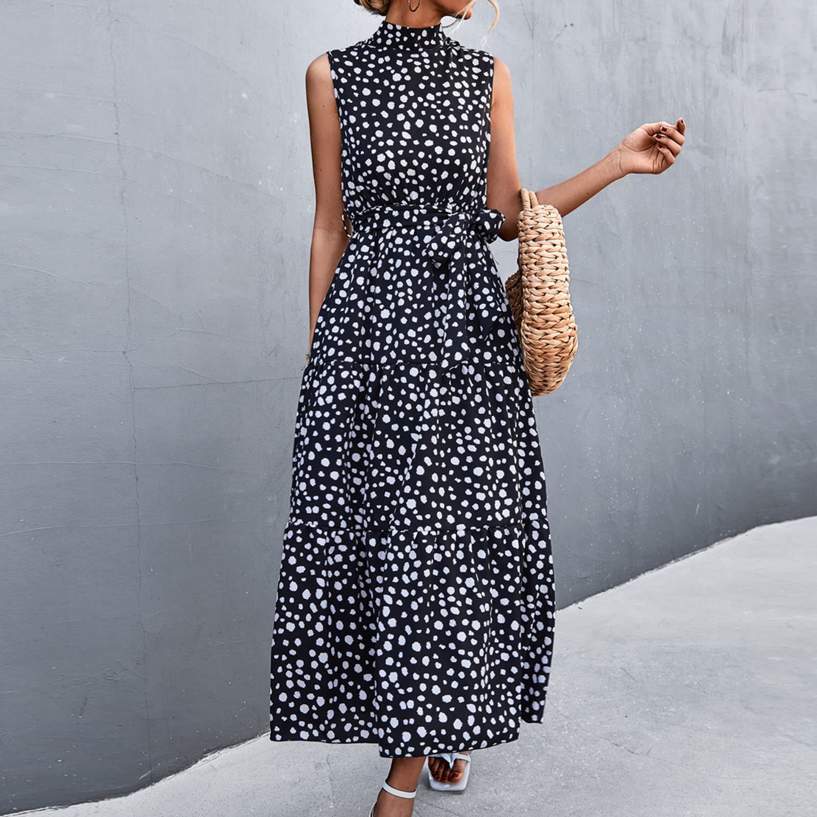 Abito con Stampa a Pois, Colletto in Basamento Senza Maniche con Cintura Abito Estivo Lungo da Donna Alta Abito Estivo Elegante Abito Lungo Collo Alto con Cintura per Feste,
