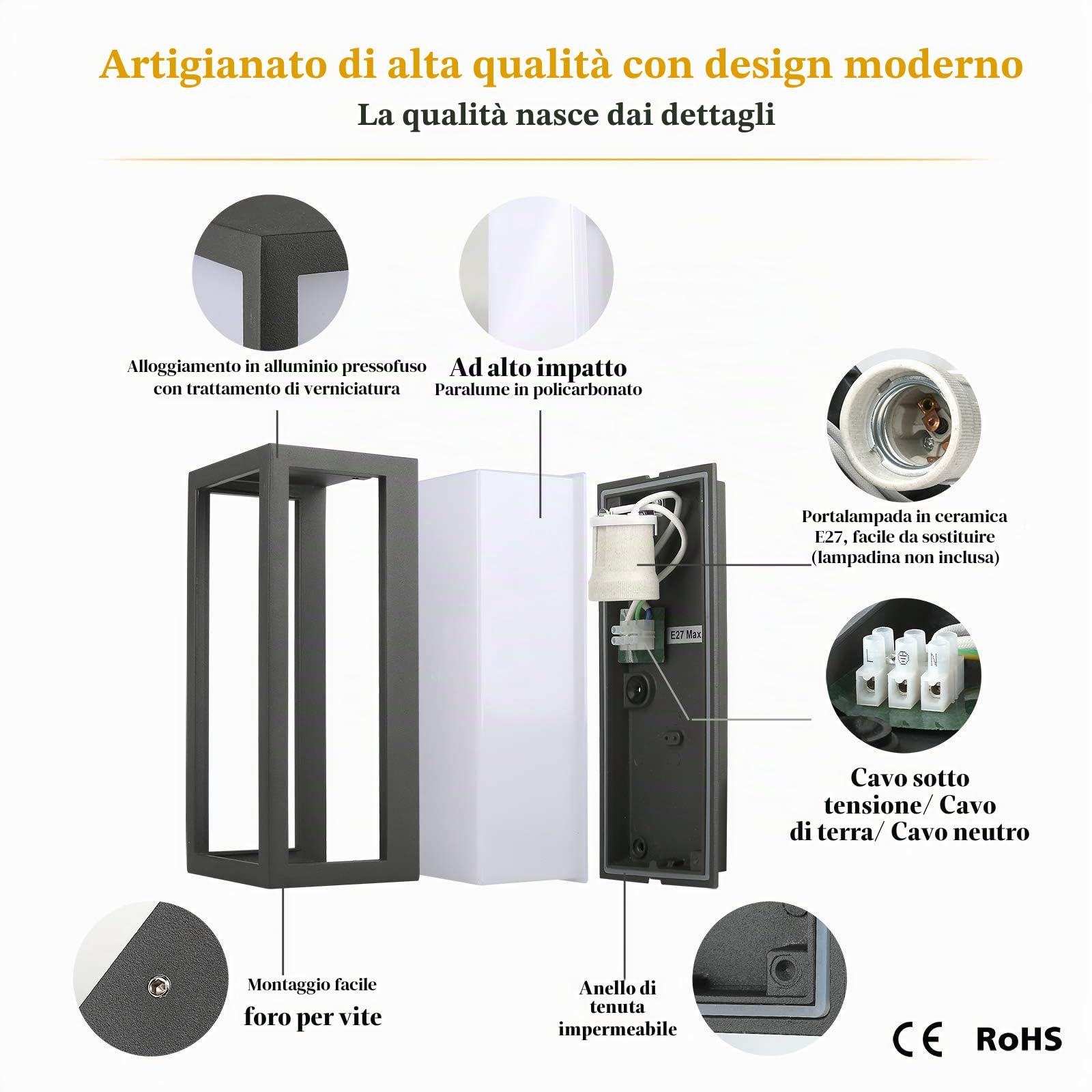 HLFVLITE Applique da Esterno, Lampada da Parete in Alluminio con Attacco E27 Max 40W, Impermeabile IP54, Grigio Antracite
