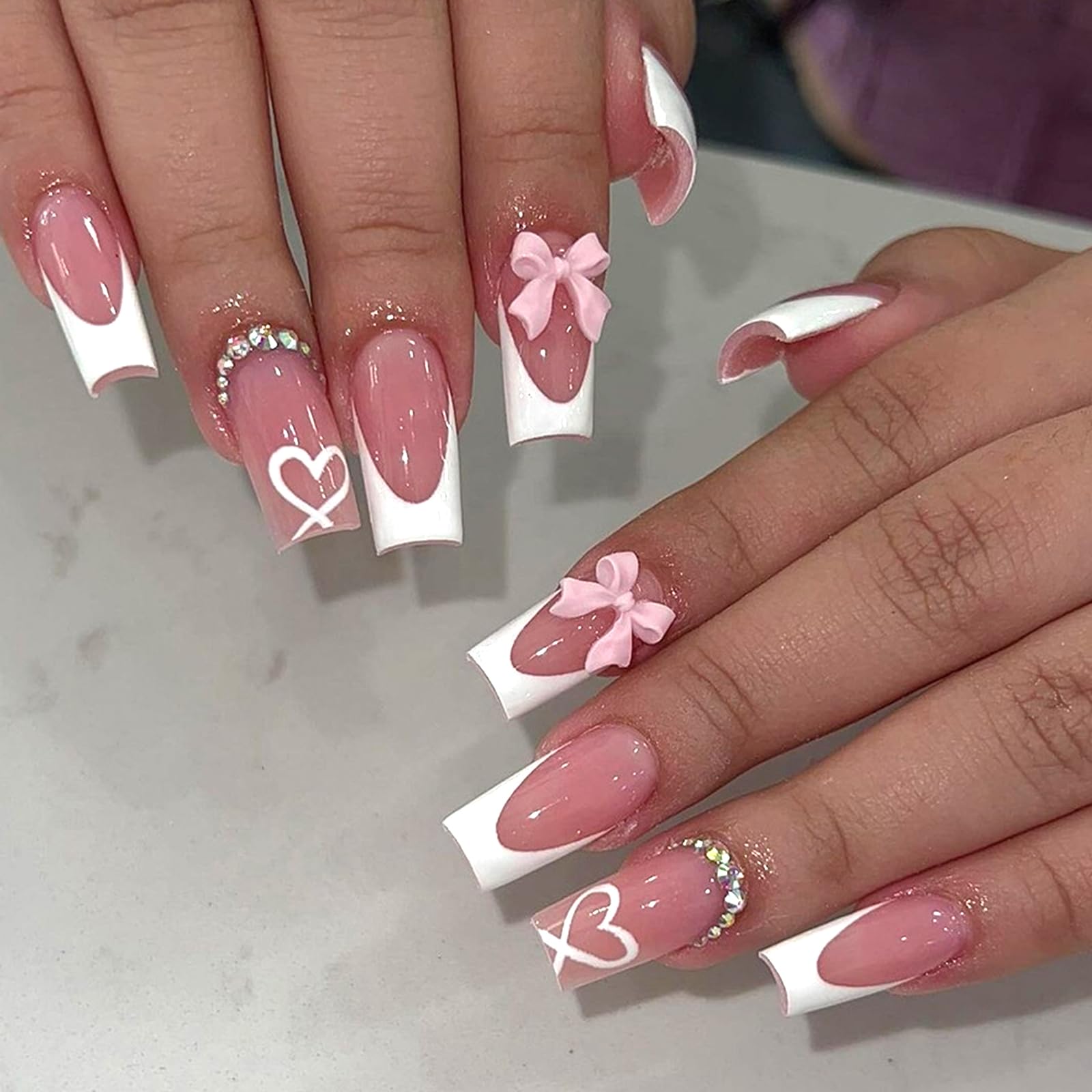 Viugex 24Pcs Pink Press on Nails Long Coffin, White French Tip False Nails with 3D Bow and Love Designs
