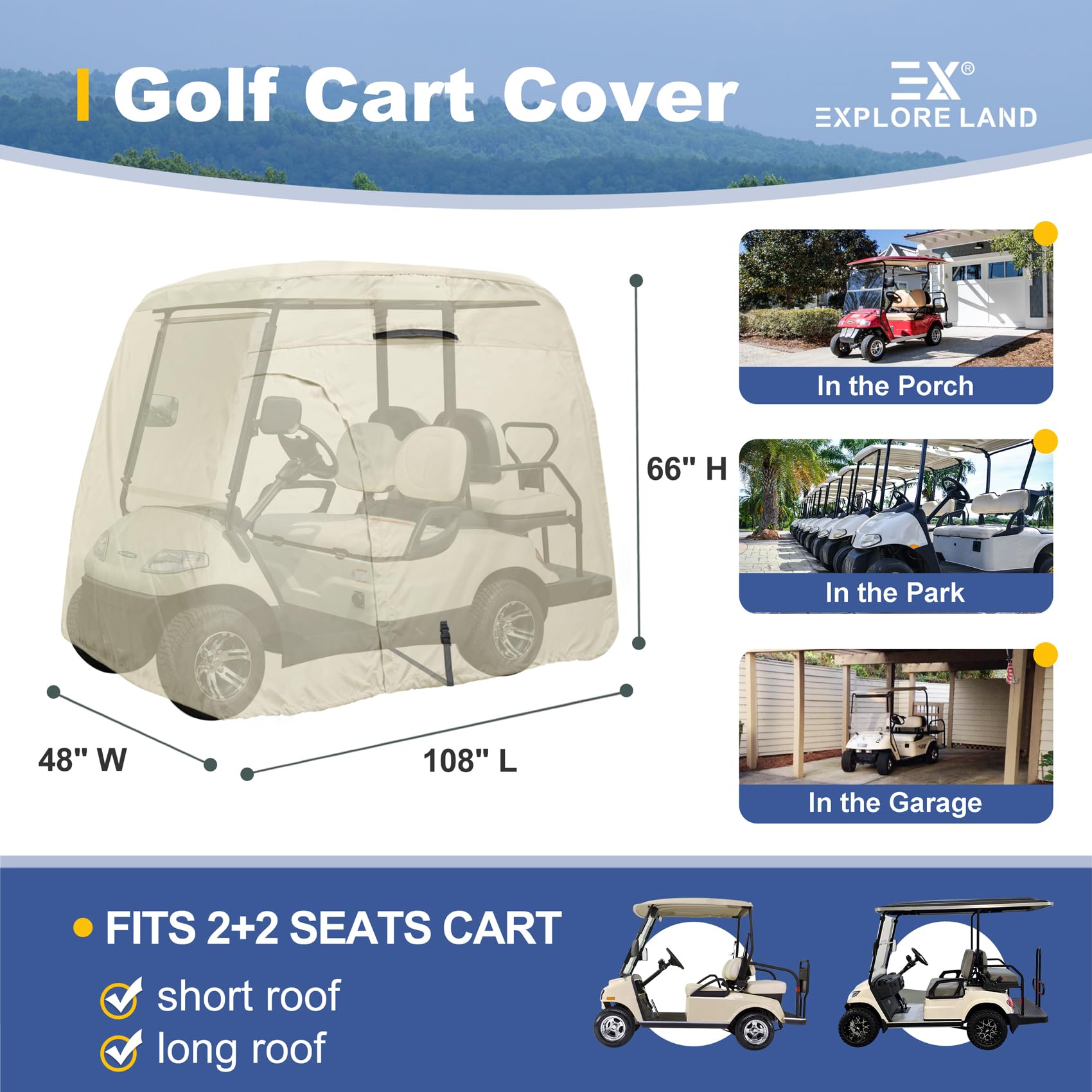 Explore Land 600D Waterproof Golf Cart Cover Fits for Most Brand 4 Passengers Car (Light Tan)