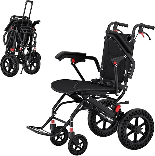 Miniatura 6 de UU-ZHANG Silla de ruedas de transporte súper ligera (solo 15 libras). Fácil de viajar, con bloqueo de frenos de mano, fácil de usar, plegable,