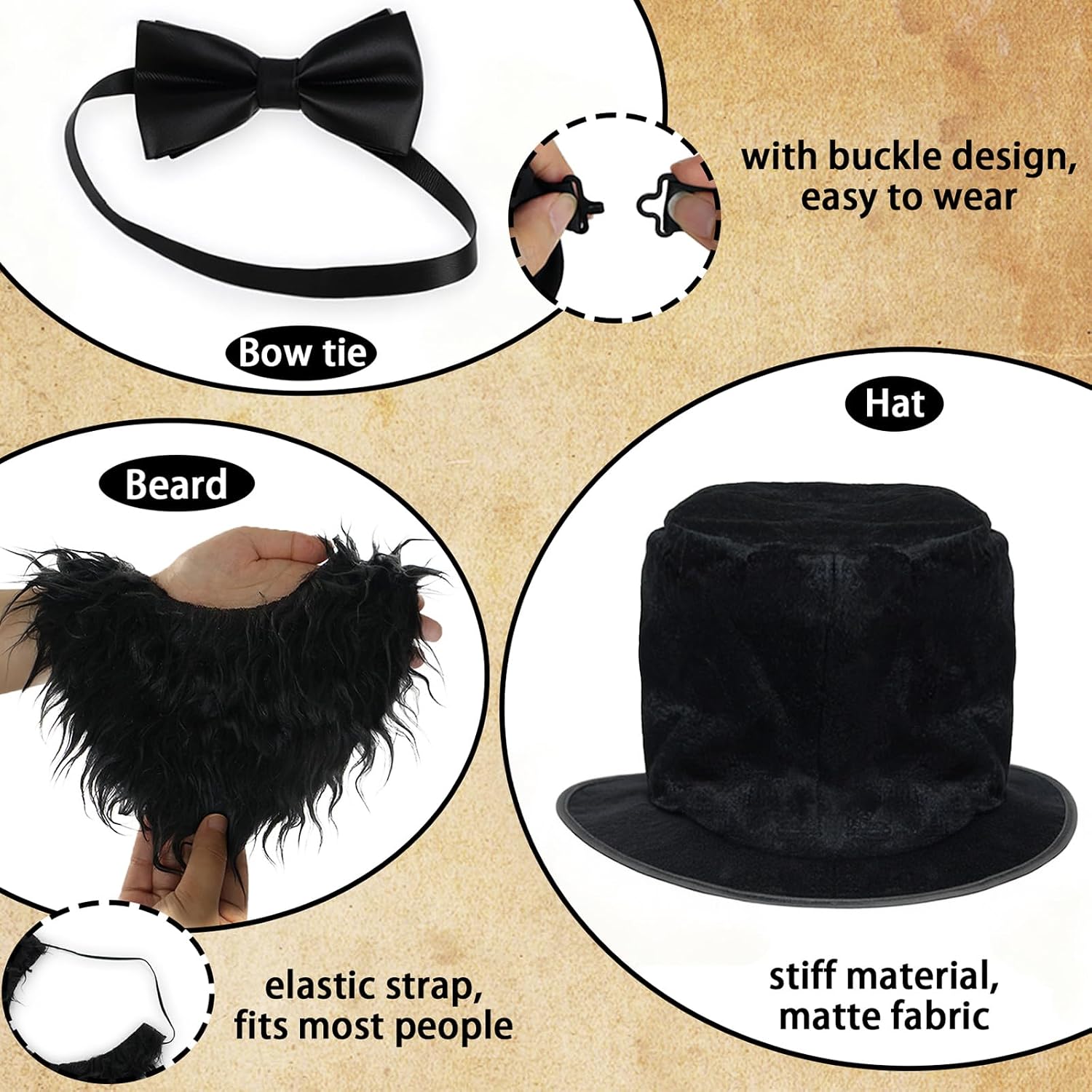 Mens Abe Black Fake Beard with Bow Tie and Top Hat Abe Cosplay Costume Set Adult Patriotic Costumes Black President Outfit for Halloween Presidents Day Party Historical Evens Cosplay