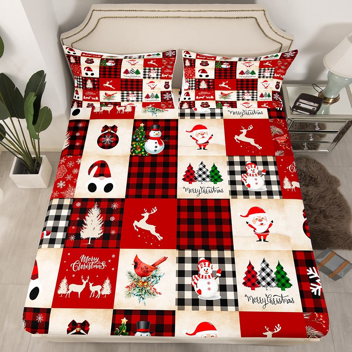 Manfei Christmas Fitted Sheet Single Size, Deer Tree Snowman Santa Claus Print Bed Cover with 1 Pillowcase, Plaid Grid Print Bedding Set 2pcs for Kids Boys Girls Bedroom Decor