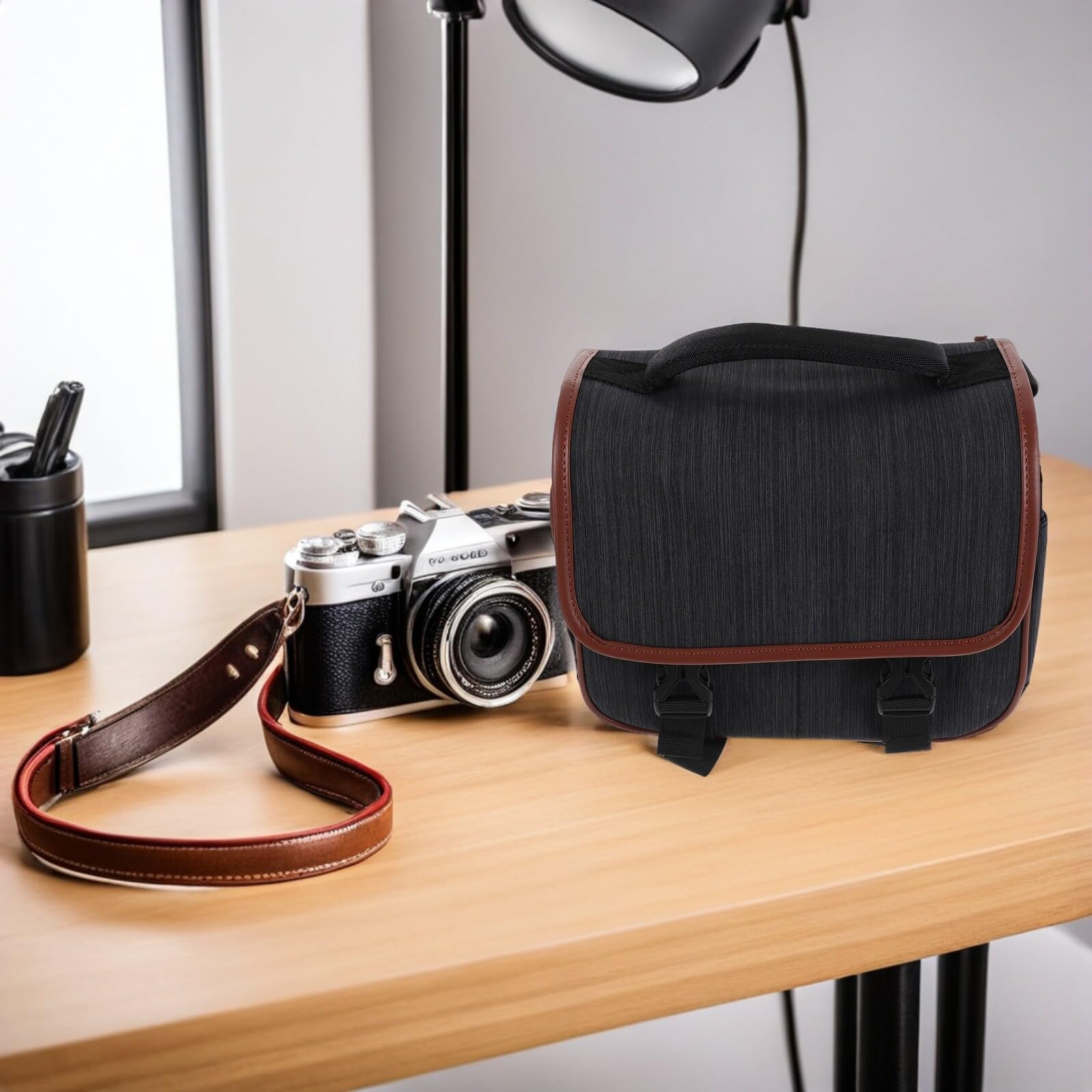 POPETPOP Borsa Tracolla per Fotocamera Digitale Reflex Mirrorless Borsa per Trasporto Obiettivi Accessori Nylon Resistente Tasche Interne Organizzazione Efficiente
