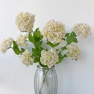 YalzoneMet RUZUQE 4 Pcs Light Pink/Green Artificial Snowball Viburnum Flower Small Blooms Hydrangea Real Touch Faux Latex 26.8'' Long Stem Snowball Flower for Spring Home Decoration Table Centerpiece
