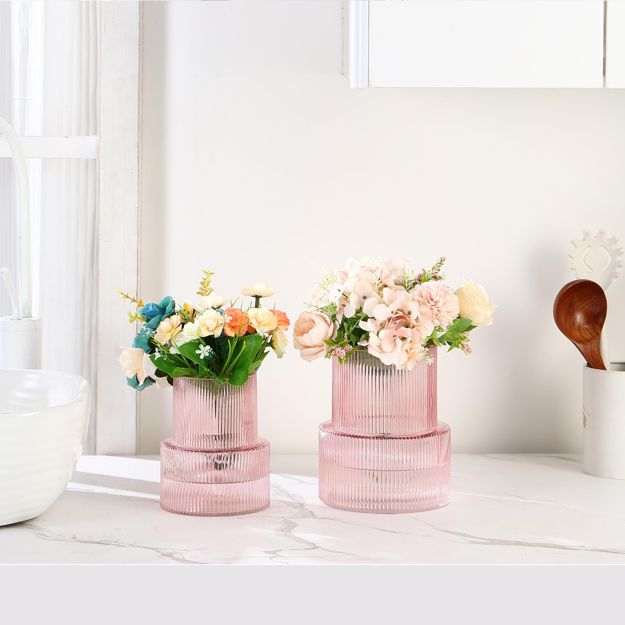 Amazon.co.jp: YANWE1 花束用 リブガラス花瓶 2個セット 花束用 ピンク
