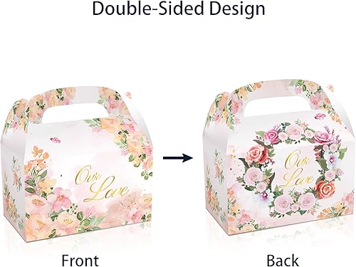 Miniatura 8 de 12 cajas de dulces con diseño de flores y texto en inglés "Thank You Our Love" con asa de papel kraft con temática de flores, para bodas,