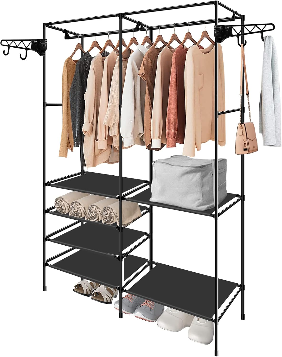 LONENESSL Clothes Rail with 6Tier Storage Shelf 2 Hooks,Tidy Rails