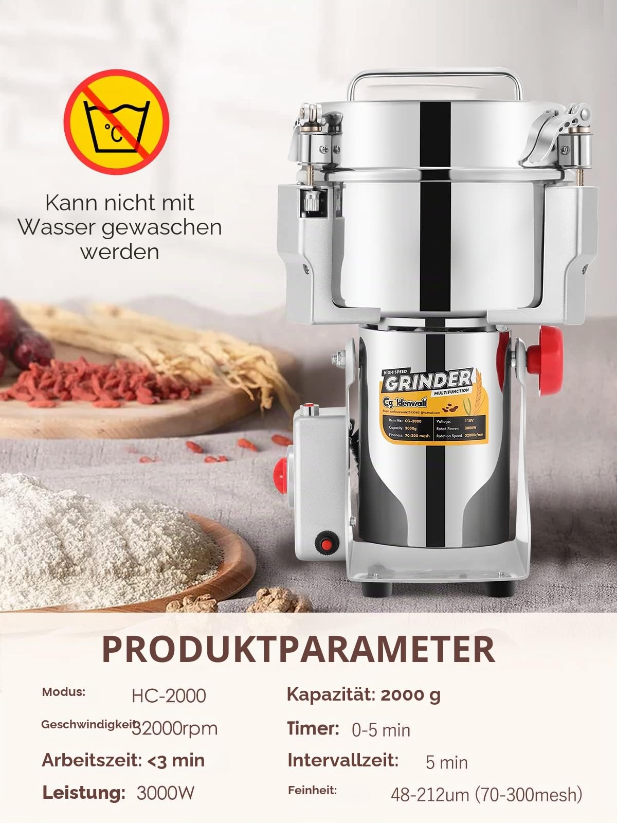 CGOLDENWALL 2000g Superfein Getreidemühle Elektrische Edelstahl Gewürzmühle Open-Cover-Stop für Trocken Getreide/Kräuter/Kaffee Samen 3000W 32000 U/Min Handelsmotor, mit Überlastschutz