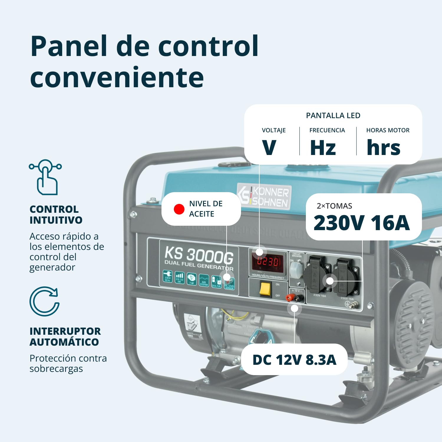 Generador de doble combustible (gasolina y gas) KS 3000G, generador electrico gasolina 3000 W, 2x16A (230 V), 12V, generador 4 tiempos con (AVR), indicador de aceite, protección ante sobrecargas