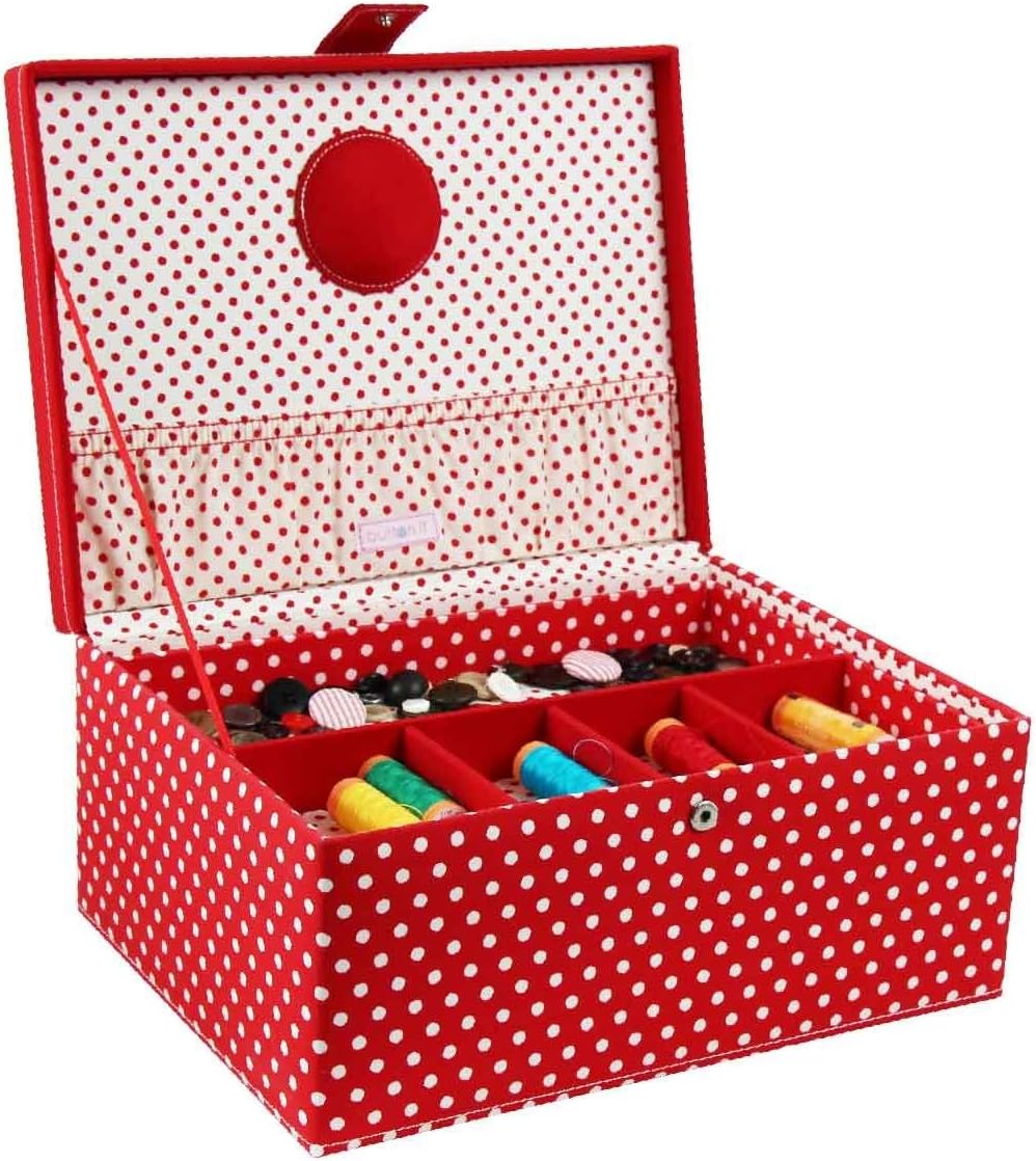 London Clock 82316 Sewing Box with polka dot pattern and carry handle, removable inner compartment, fabric pocket and pin cushion inner, 31 cm x 23 cm x 14.5 cm red/white