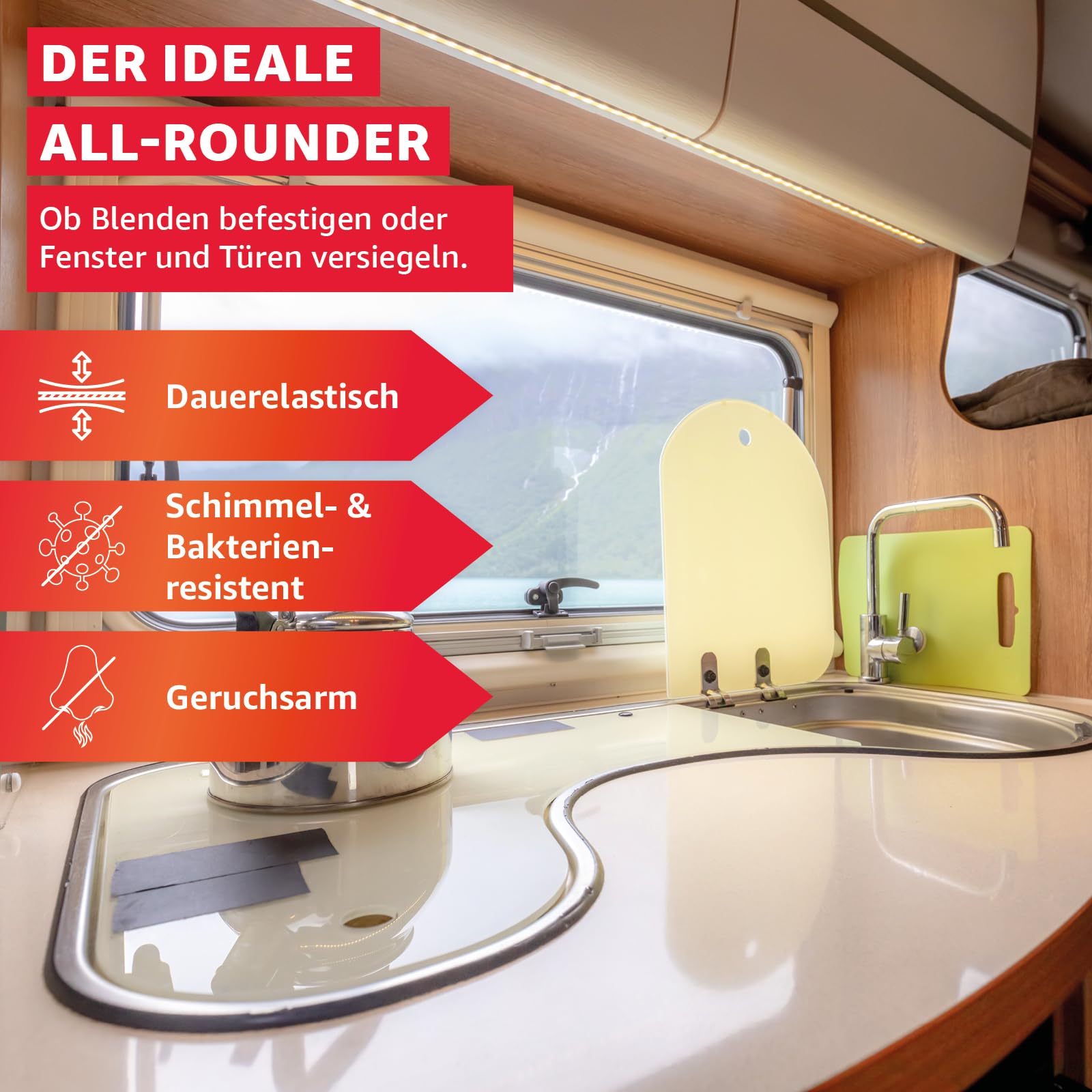 EVERGLUE Caravan Glue 1K MS Montagekleber UV-beständig 440g Kartusche MS-Polymer Kraftkleber extra stark elastischer Kleb-und Dichtstoff zum Kleben und Abdichten am Camper, Caravan, Wohnmobil