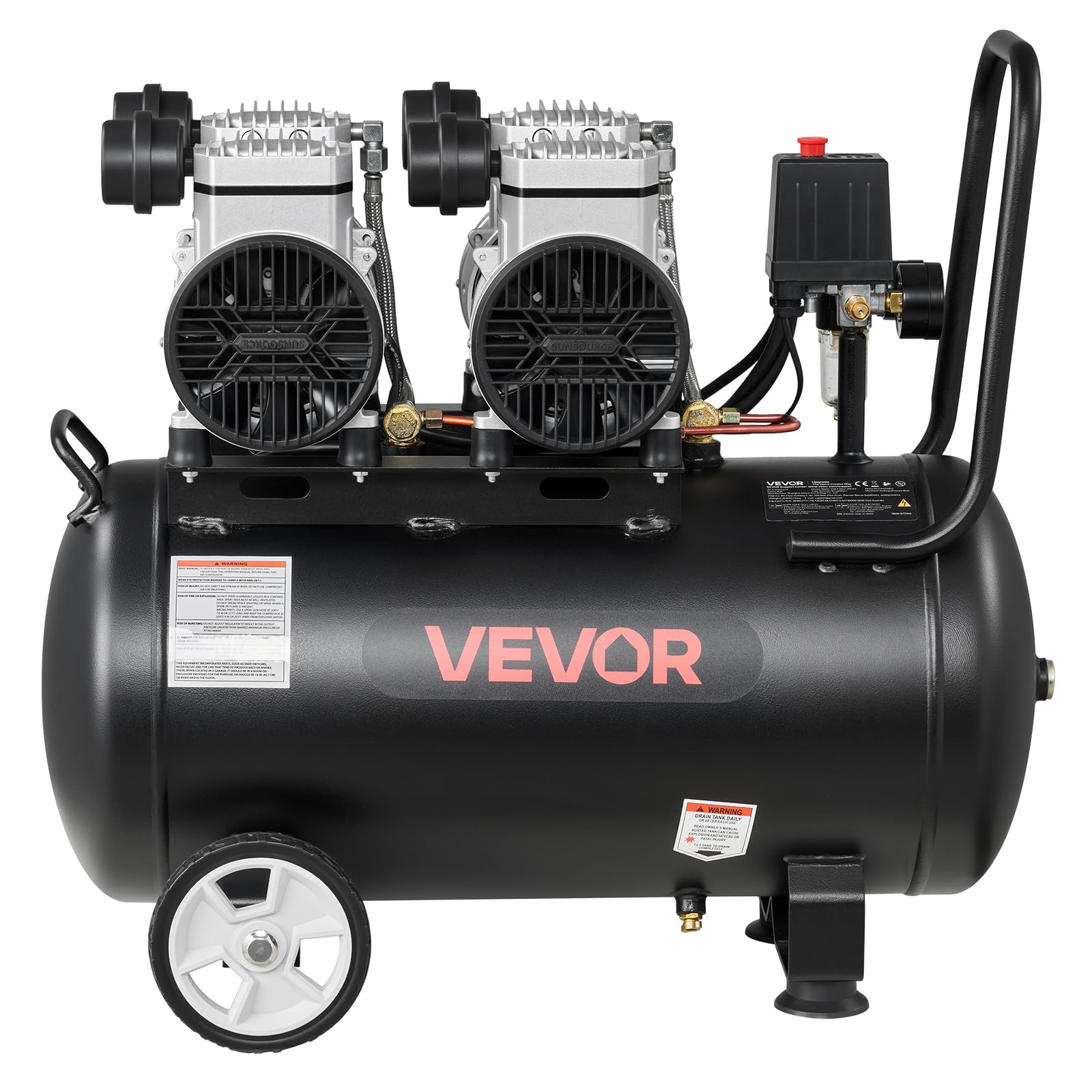 VEVOR Compressore d'Aria 50 L, 3 kW (4HP), Senza Olio, Portata 255 L/min, Pressione Massima 8 Bar, Compatto e con Ruote, per Officina, Gonfiaggio Pneumatici, Verniciatura e Lavorazione del Legno