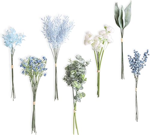 Lookein Tallos de relleno de vegetación artificial a granel, 53 piezas con 8 tipos de tallos de vegetación altos para decoración de boda azul,