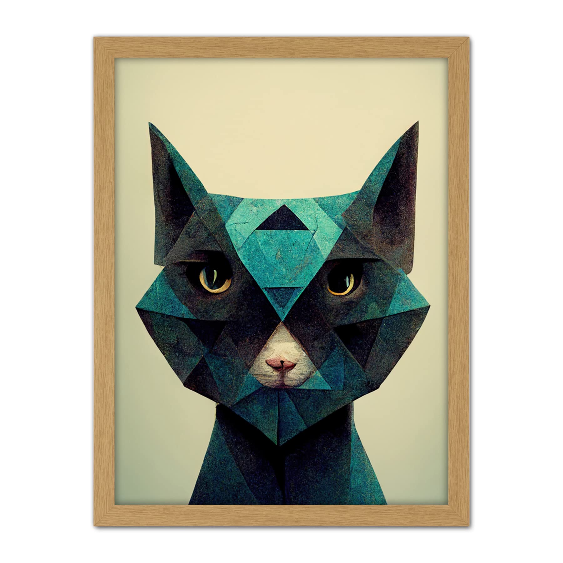 Doppelganger33 LTD Fun Geometric Teal Cat Artwork Framed Wall Art Print 18X24 Inch