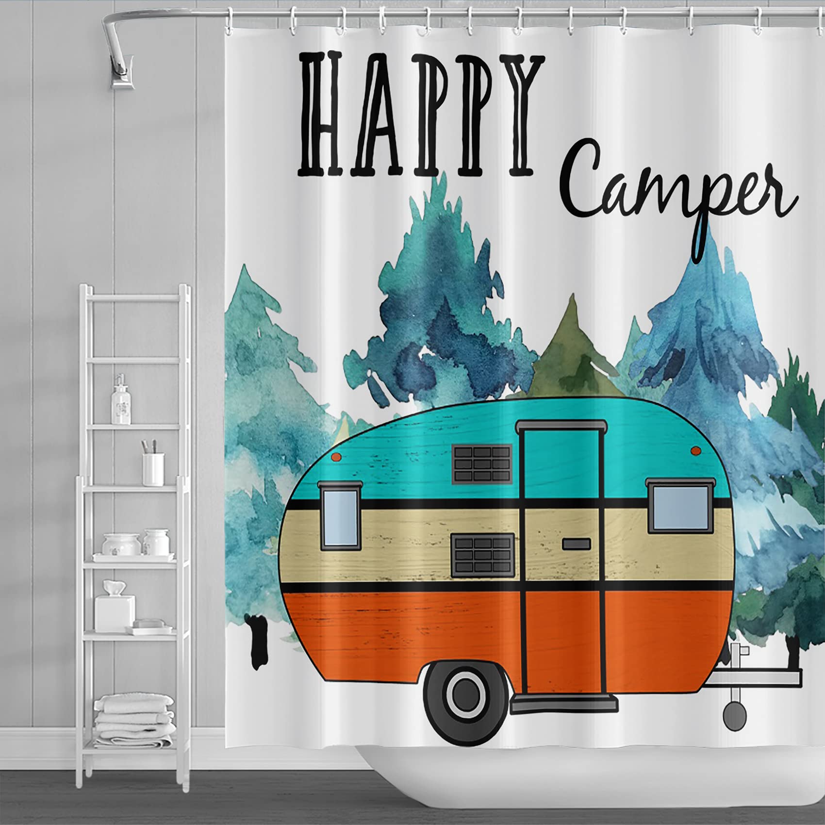 Dorcev Happy Camper RV Shower Curtain, 72x72 Inch, Watercolor Outdoor Adventure Theme, Camping Bathroom Curtain Decor Set with Hooks