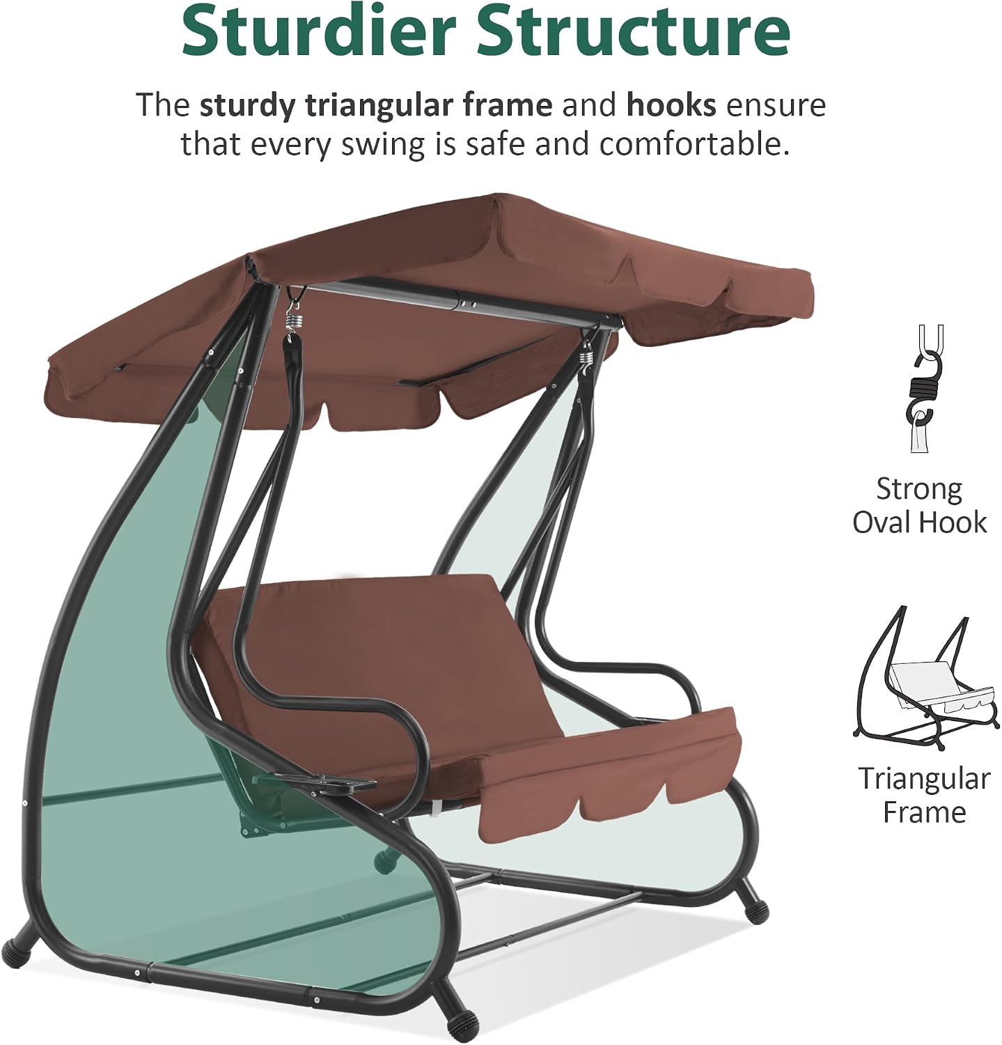 MCombo 3 Seat Patio Swing Chair, Outdoor Swing with Adjustable Canopy, Weather Resistant Steel Frame, Porch Swing Sets for Backyard, Poolside, Balcony, 4090 (Brown)